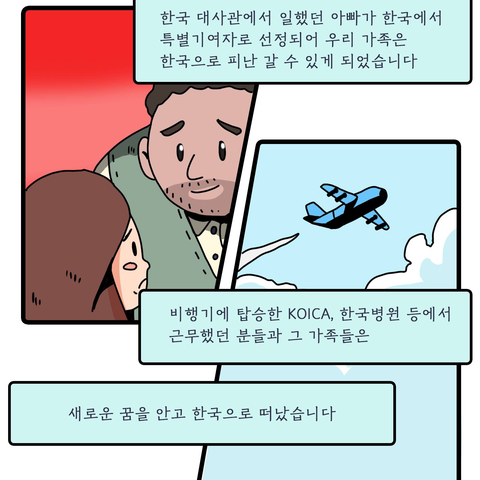 한국 대사관에서 일했던 아빠가 한국에서 특별기여자로 선정되어 우리 가족은 한국으로 피난 갈 수 있게 되었습니다. 비행기에 탑승한 KOICA, 한국병원 등에서 근무했던 분들과 그 가족들은 새로운 꿈을 안고 한국으로 떠났습니다. 