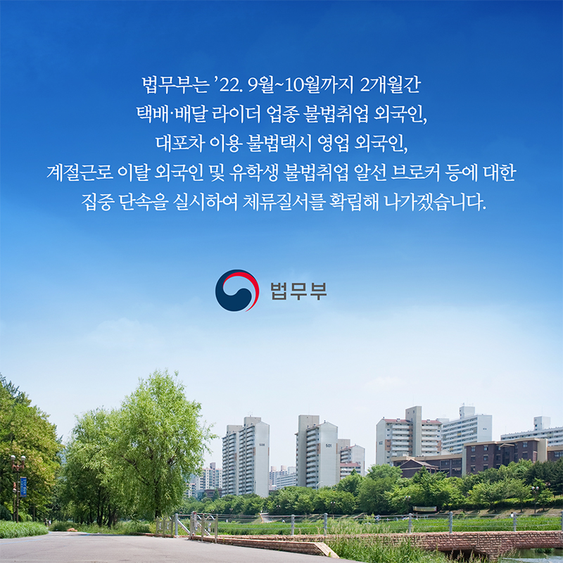법무부는 '22. 9월~10월까지 2개월간 택배 배달 라이더 업종 불법취업 외국인, 대포차 이용 불법택시 영업 외국인, 계절근로 이탈 외국인 및 유학생 불법취업 알선 브로커 등에 대한 집중 단속을 실시하여 체류질서를 확립해 나가겠습니다.