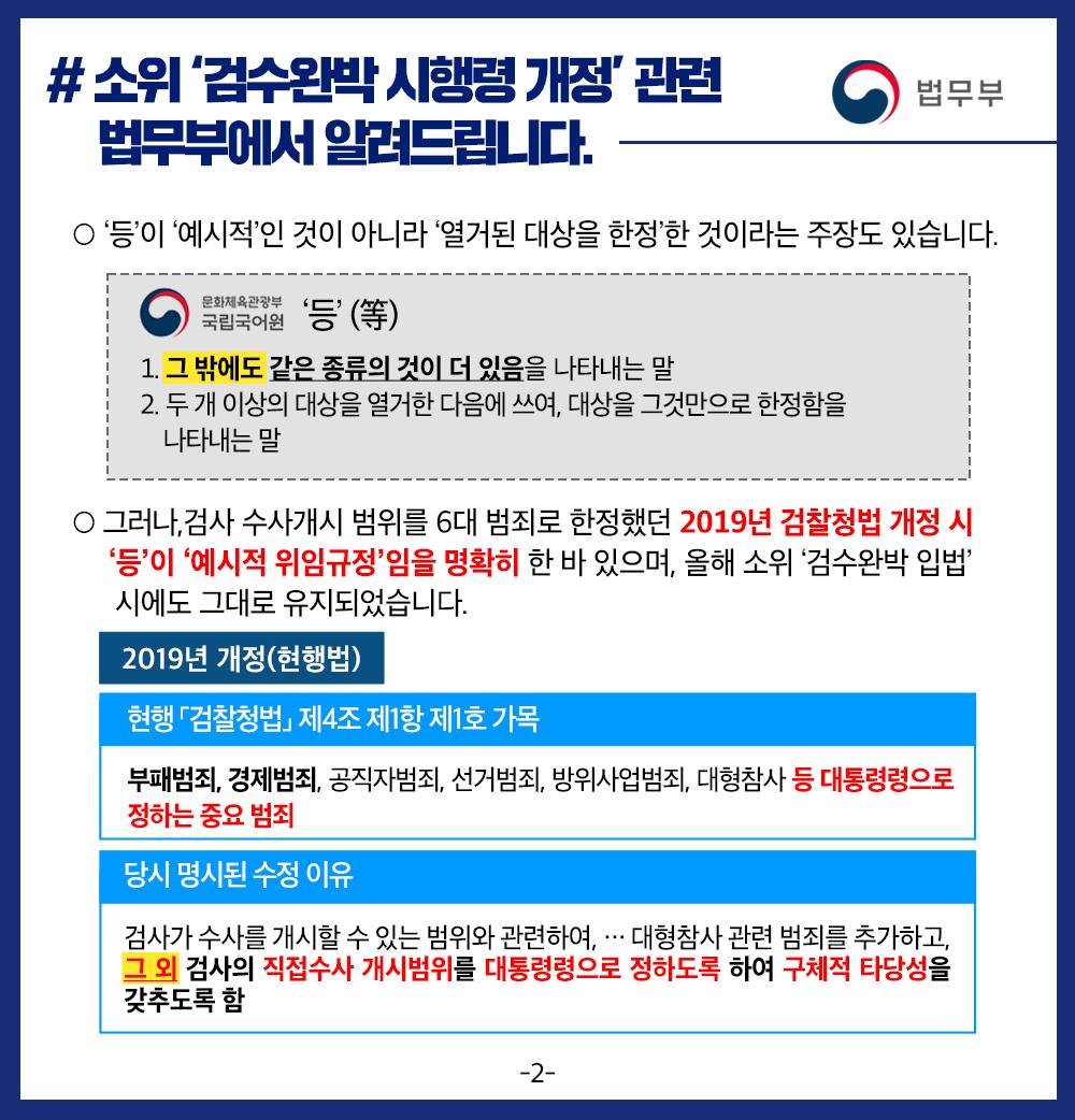 등이 예시적인 것이 아니라 열거된 대상을 한정한 것이라는 주장도 있습니다. 1. 그밖에도 같은 종류의 것이 더 있음을 나타내는말 2. 두 개 이상의 대상을 열거한 다음에 쓰여, 대상을 그것만으로 한정함을 나타내는 말 그러나, 검사 수사개시 범위를 6대 범죄로 한정했던 2019년 검찰청법 개정 시 등이 예시적 위임규정임을 명확히 한 바 있으며, 올해 소위 검수완박 입법 시에도 그래도 유지되었습니다. 2019년 개정(현행법) 현행 검찰청법 제4조 제1항 제1호 가목 부패범죄, 경제범죄, 공직자범죄, 선거범죄, 방위사업범죄, 대형참사 등 대통령령으로 정하는 중요 범죄 당시 명시된 수정 이유 검사가 수사를 개시할 수 있는 범위와 관련하여, 대형참사 관련 범죄를 추가하고, 그 외 검사의 직접수사 개시범위를 대통령령으로 정하도록 하여 구체적 타당성을 갖추도록 함