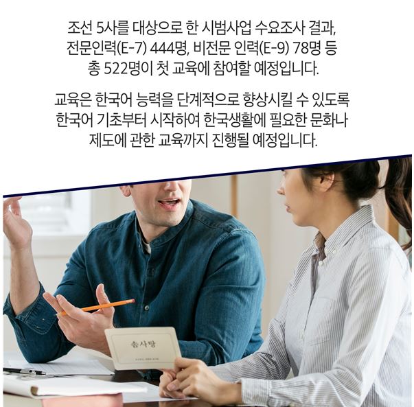 조선 5사를 대상으로 한 시범사업 수요조사 결과, 전문인력(E-7) 444명, 비전문 인력(E-9) 78명 등 총 522명이 첫 교육에 참여할 예정입니다.   교육은 한국어 능력을 단계적으로 향상시킬 수 있도록 한국어 기초부터 시작하여 한국생활에 필요한 문화나 제도에 관한 교육까지 진행될 예정입니다.