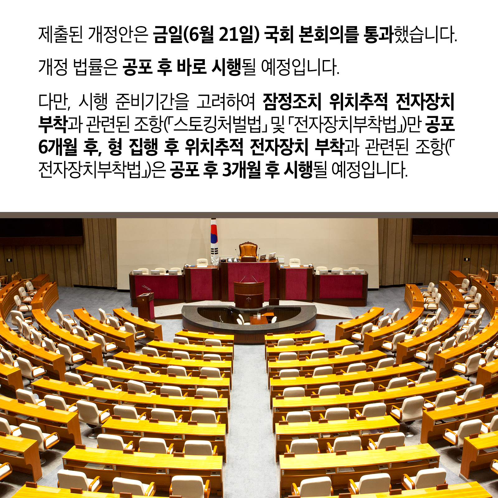 일곱 번째 카드뉴스입니다. 제출된 개정안은 금일(6월 21일) 국회 본회의를 통과했습니다. 개정 법률은 공포 후 바로 시행될 예정입니다. 다만, 시행 준비기간을 고려하여 잠정조치 위치추적 전자장치 부착과 관련된 조항(｢스토킹처벌법｣ 및 ｢전자장치부착법｣)만 공포 6개월 후, 형 집행 후위치추적 전자장치 부착과 관련된 조항(｢전자장치부착법｣)은 공포 후 3개월 후 시행될 예정입니다.