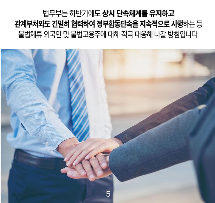 법무부는 하반기에도 상시 단속체계를 유지하고 관계부처와도 긴밀히 협력하여 정부합동단속을 지속적으로 시행하는 등 불법체류 외국인 및 불법고용주에 대해 적극 대응해 나갈 방침입니다. 