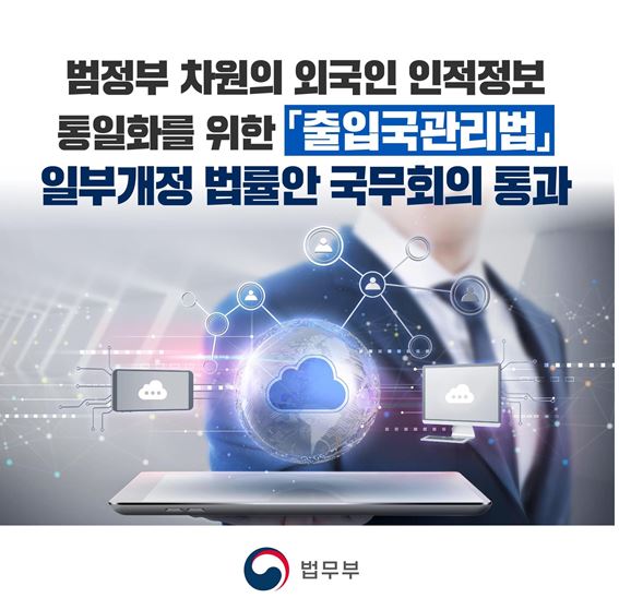 총 일곱 장짜리 카드뉴스입니다. 첫 번째 카드뉴스입니다. 범정부 차원의 외국인 인적정보 통일화를 위한｢출입국관리법｣ 일부개정 법률안 국무회의 통과