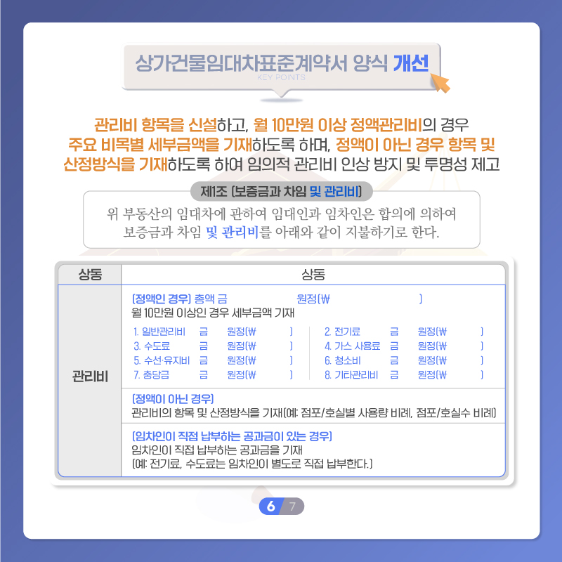 일곱번째 페이지입니다. 상가건물임대차표준계약서 양식 개선. 관리비 항목을 신설하고, 월 10만원 이상 정액관리비의 경우 주요 비목별 세부금액을 기재하도록 하며, 정액이 아닌 경우 항목 및 산정방식을 기재하도록 하여 임의적 관리비 인상 방지 및 투명성 제고. 제 1조, 보증금과 차임 및 관리비. 위 부동산의 임대차에 관하여 임대인과 임차인은 합의에 의하여 보증금과 차임 및 관리비를 아래와 같이 지불하기로 한다.