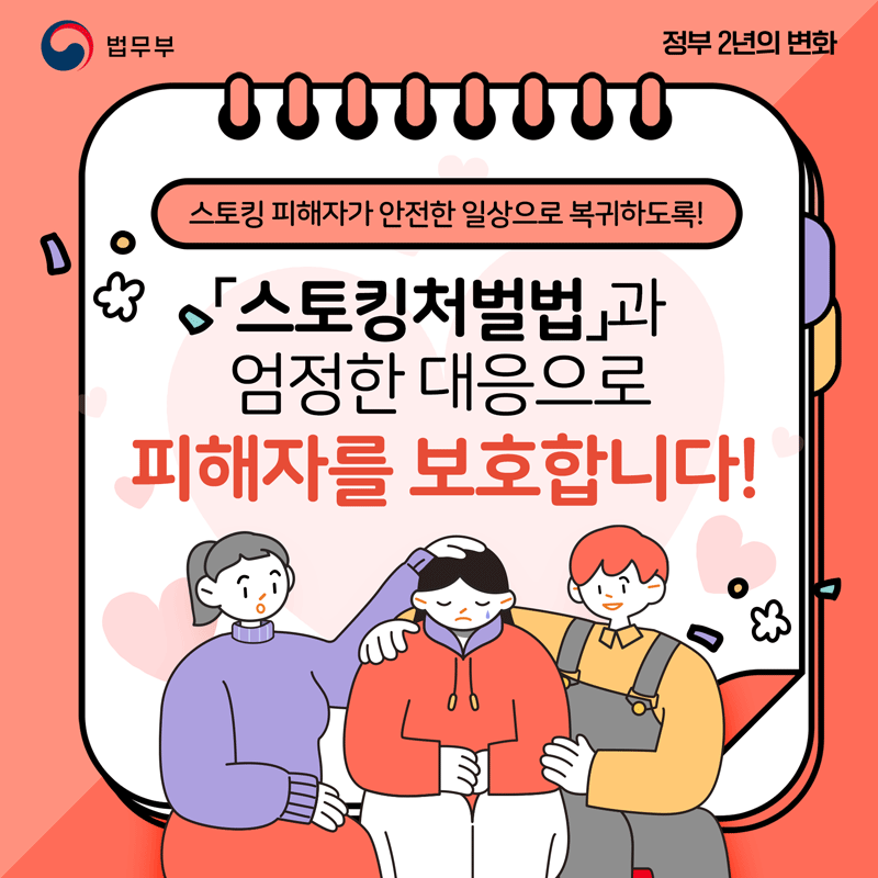 첫번째 페이지입니다. 정부 2년의 변화 두번째. 스토킹 피해자가 안전한 일상으로 복귀하도록! 스토킹처벌법과 엄정한 대응으로 피해자를 보호합니다!