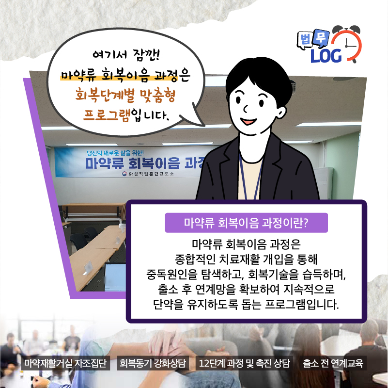 세번째 페이지입니다. 여기서 잠깐! 마약류 회복이음 과정은 회복단계별 맞춤형 프로그램입니다. 마약류 회복이음 과정이란? 종합적인 치료재활 개입을 통해 중독원인을 탐색하고, 회복기술을 습득하며, 출소 후 연계망을 확보하여 지속적으로 단약을 유지하도록 돕는 프로그램입니다.