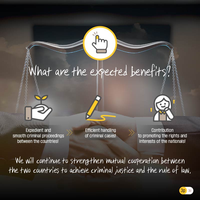 Third page. What are the expected benefits?  Expedient and smooth criminal proceedings between the countries! &gt;&gt; Efficient handling of criminal cases! &gt;&gt; Contribution to promoting the rights and interests of the nationals!  We will continue to strengthen mutual cooperation between the two countries to achieve criminal justice and the rule of law. 