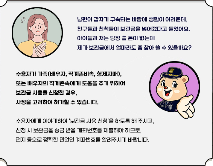 "남편이 갑자기 구속되는 바람에 생활이 어려운데, 친구들과 친척들이 보관금을 넣어줬다고 들었어요. 당장 쓸 돈이 없는데 제가 보관금에서 얼마라도 좀 찾아 쓸 수 있을까요? 수용자가 가족(배우자, 직계존비속, 형제자매), 또는 배우자의 직계존속에게 도움을 주기 위하여 보관금 사용을 신청한 경우, 사정을 고려하여 허가할 수 있습니다. 수용자에게 이야기하여 ‘보관금 사용 신청’을 하도록 해 주시고, 신청 시 보관금을 송금 받을 계좌번호를 제출해야 하므로, 수용자에게 편지 등으로 민원인 계좌번호를 알려주시기 바랍니다. "