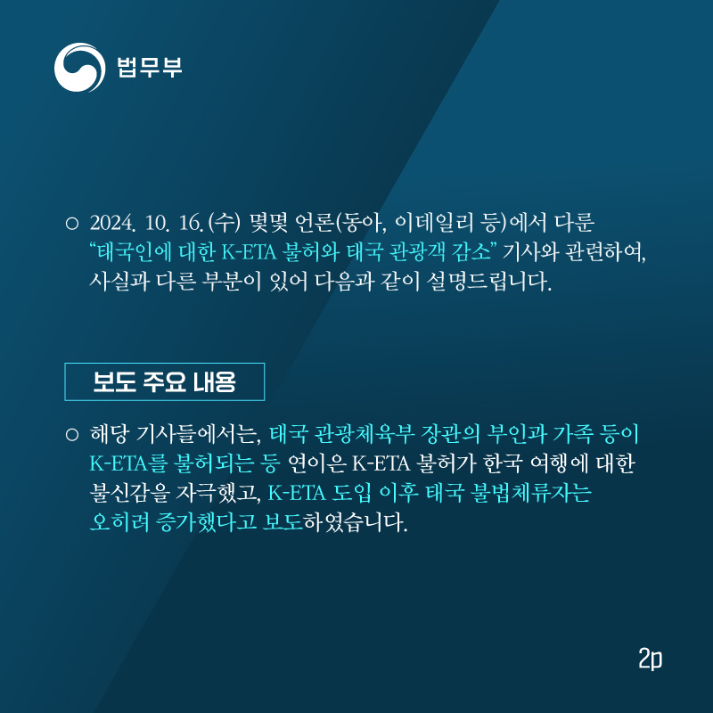 두번째 페이지입니다. 2024. 10. 16.(수) 몇몇 언론(동아, 이데일리 등)에서 다룬 “태국인에 대한 K-ETA 불허와 태국 관광객 감소” 기사와 관련하여, 사실과 다른 부분이 있어 다음과 같이 설명드립니다. 아래는 보도 주요 내용입니다. 해당 기사들에서는, 태국 관광체육부 장관의 부인과 가족 등이 K-ETA를 불허되는 등 연이은 K-ETA 불허가 한국 여행에 대한 불신감을 자극했고, K-ETA 도입 이후 태국 불법체류자는 오히려 증가했다고 보도하였습니다.