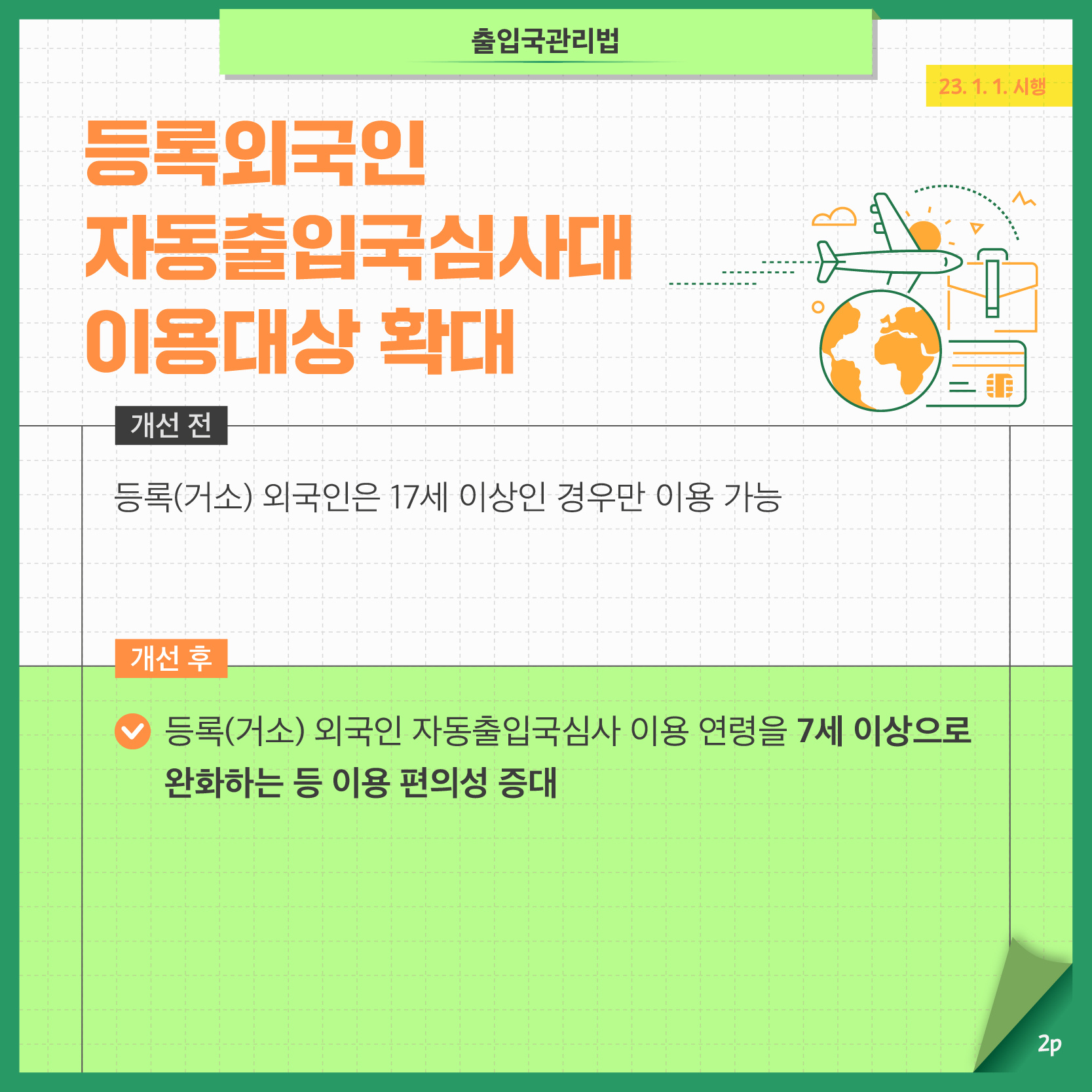 두번째 페이지입니다. 출입국관리법, 23년 1월 1일 시행. 등록외국인 자동출입국심사대 이용대상 확대. 개선 전, 등록(거소) 외국인은 17세 이상인 경우만 이용 가능. 개선 후, 등록(거소)외국인 자동출입국심사 이용 연령을 7세 이상으로 완화하는 등 이용 편의성 증대.