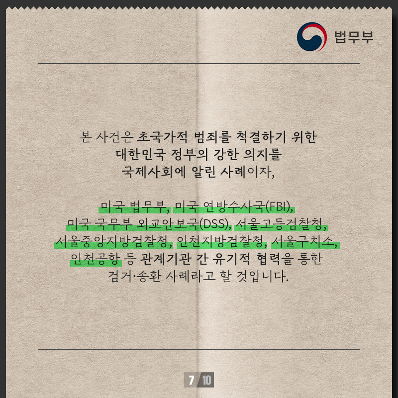 일곱번째 페이지입니다. 본 사건은 초국각적 범죄를 척결하기 위한 대한민국 정부의 강한 의지를 국제사회에 알린 사례이자, 미국 법무부, 미국 연방수사국(FBI), 미국 국무부 외교안보국(DSS), 서울고등검찰청, 서울중앙지방검찰청, 인천지방검찰청, 서울구치소, 인천공항 등 관계기관 간 유기적 협력을 통한 검거·송환 사례라고 할 것입니다.