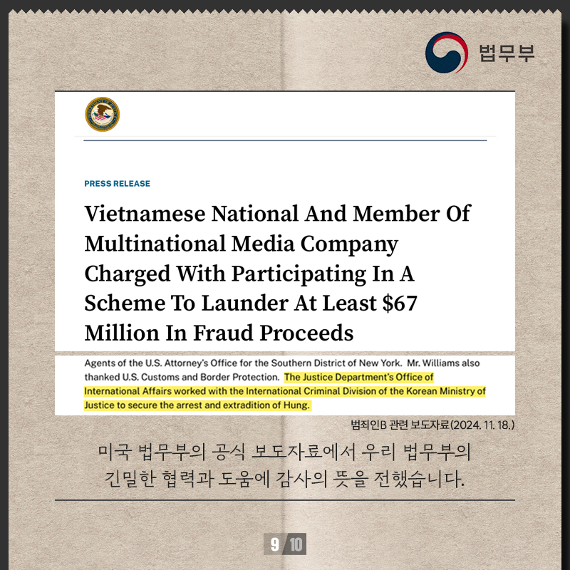 아홉번째 페이지입니다. 범죄인B 관련 보도자료(2024년 11월 18일) 미국 법무부의 공식 보도자료에서 우리 법무부의 긴밀한 협력과 도움에 감사의 뜻을 전했습니다.