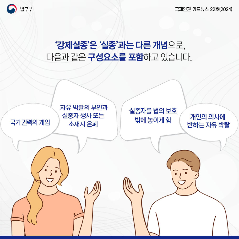 강제실종은 실종과는 다른 개념으로 다음과 같은 구성요소 포함