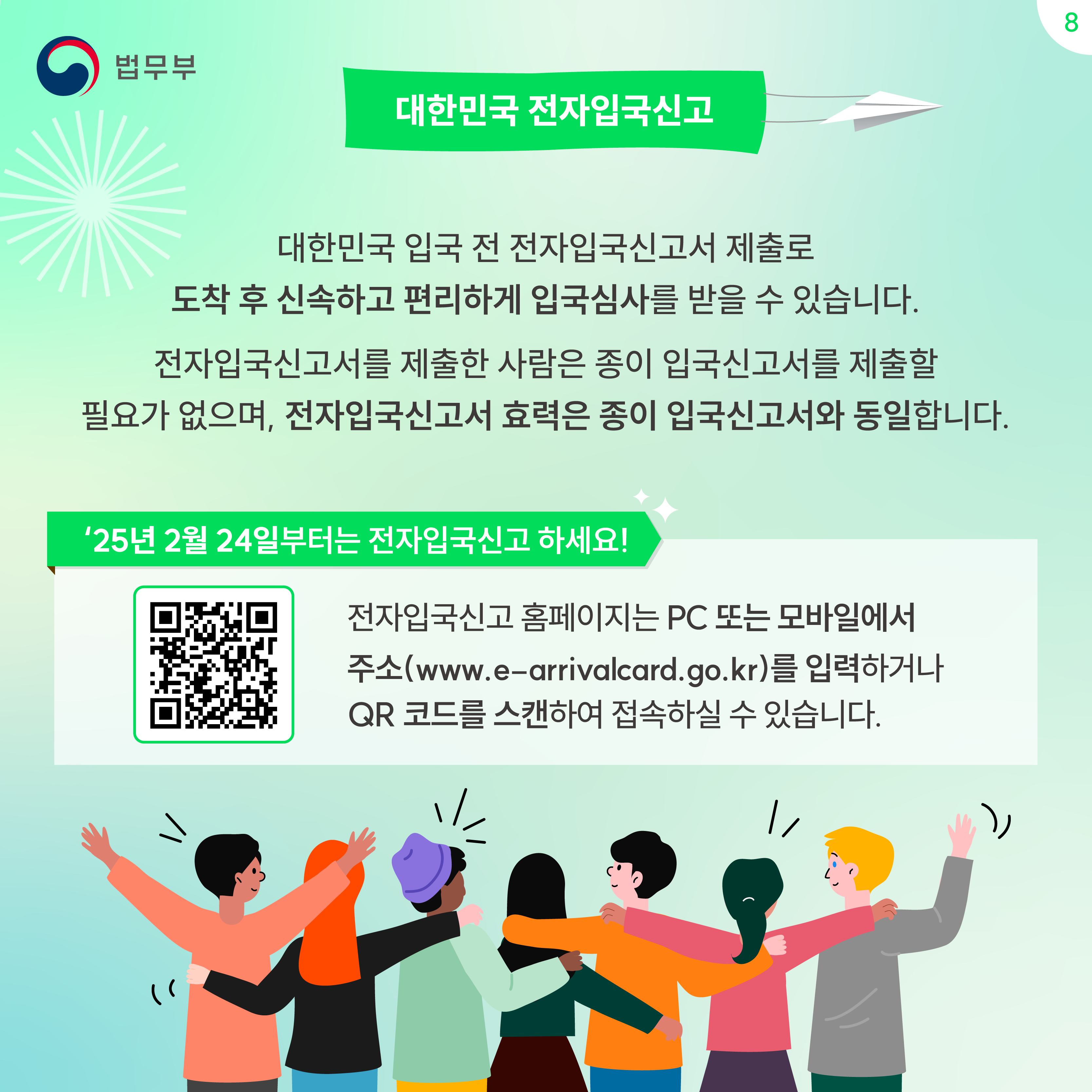 여덟번째 페이지입니다. 대한민국 전자입국신고. 대한민국 입국 전 전자입국신소서 제출로 도착 후 신속하고 편리하게 입국심사를 받을 수 있습니다. 전자입국신고서를 제출한 사람은 종이 입국신고서를 제출할 필요가 없으며, 전자입국신고서 효력은 종이 입국신고서와 동일합니다. 2025년 2월 24일부터는 전자입국신고 하세요! 전자입국신고 홈페이지는 PC 또는 모바일에서 주소(www.e-arrivalcard.go.kr)를 입력하거나 QR 코드를 스캔하여 접속하실 수 있습니다. 끝.