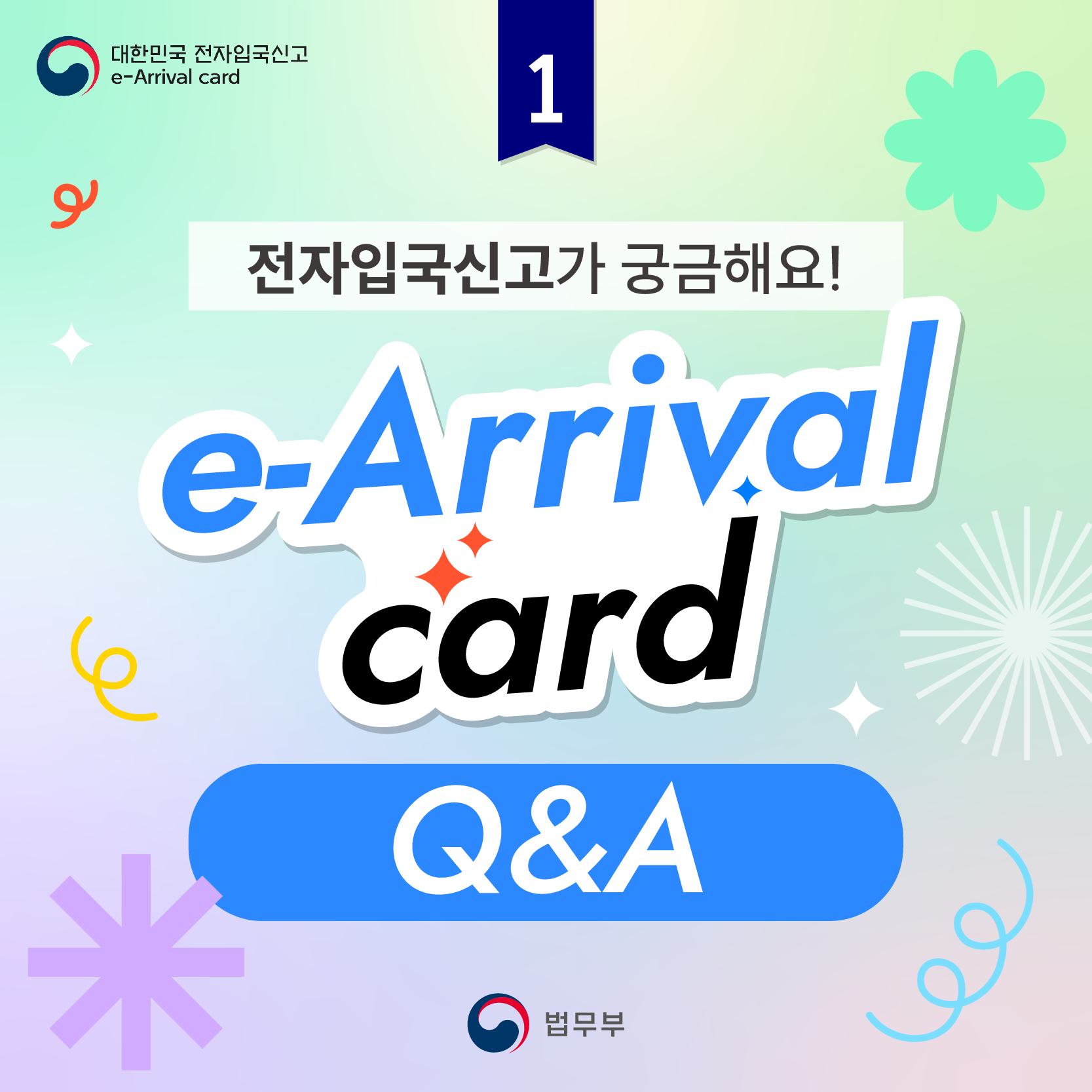 전자입국신고가 궁금해요! e-Arrival card Q&A 1편 카드뉴스의 첫번째 페이지입니다. 총 일곱 페이지로 구성되어있습니다.