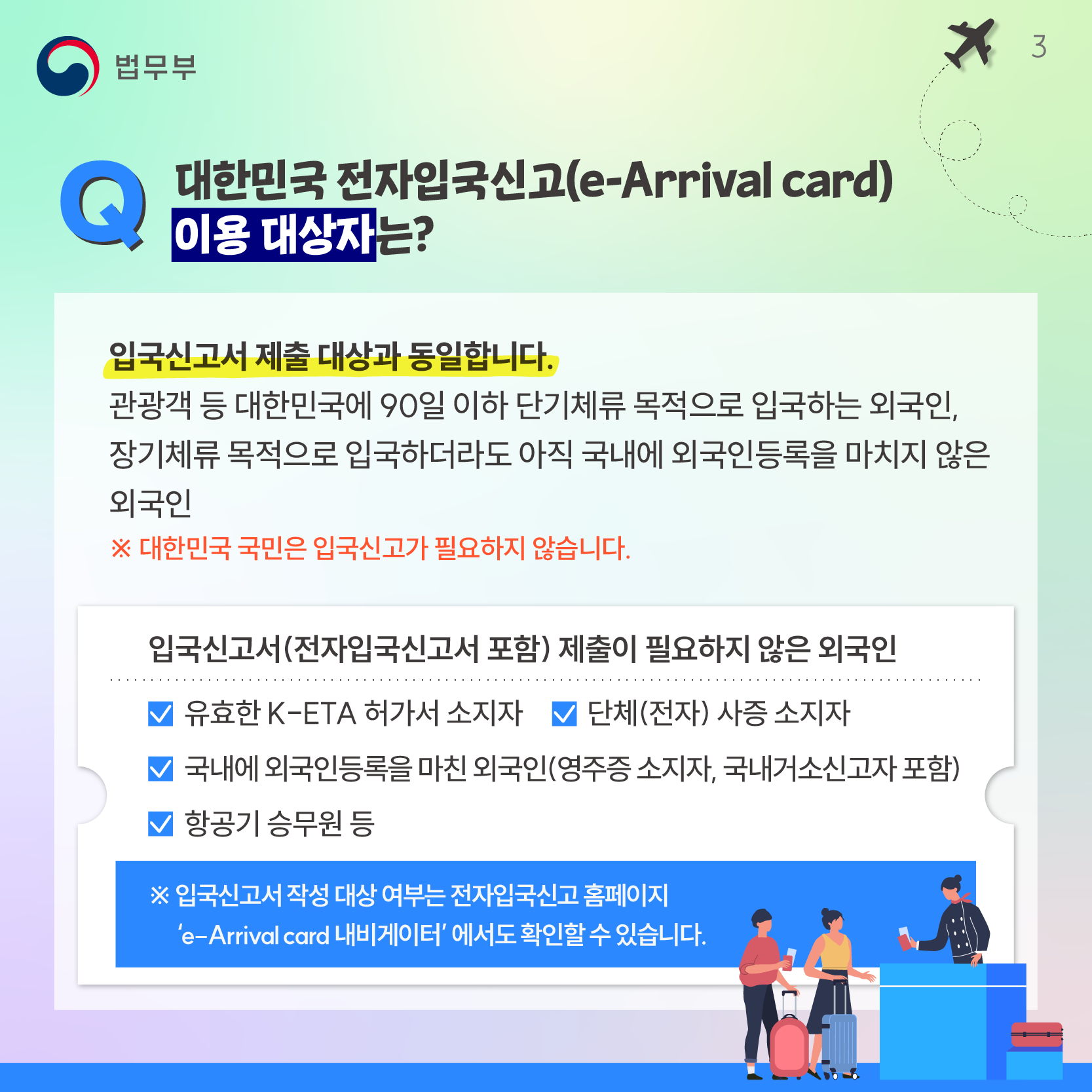 세번째 페이지입니다. Q. 대한민국 전자입국신고(e-Arrical card) 이용 대상자는? 입국신고서 제출 대상과 동일합니다. 관광객 등 대한민국에 90일 이하 단기 체류 목적으로 입국하는 외국인, 장기체류 목적으로 입국하더라도 아직 국내에 외국인등록을 마치지 않은 외국인. (단, 대한민국 국민은 입국 신고가 필요하지 않습니다.) 입국신고서(전자입국신고서 포함) 제출이 필요하지 않는 외국인은? 1. 유효한 k-eta 허가서 소지자, 2. 단체(전자) 사증 소지자, 3. 국내에 외국인등록을 마친 외국인(영주증 소지자, 국내거소신고자 포함), 4. 항공기 승무원 등. 추가로, 입국신고서 작성 대상 여부는 전자입국신고 페이지 'e-Arrical card 내비게이터' 에서도 확인할 수 있습니다.