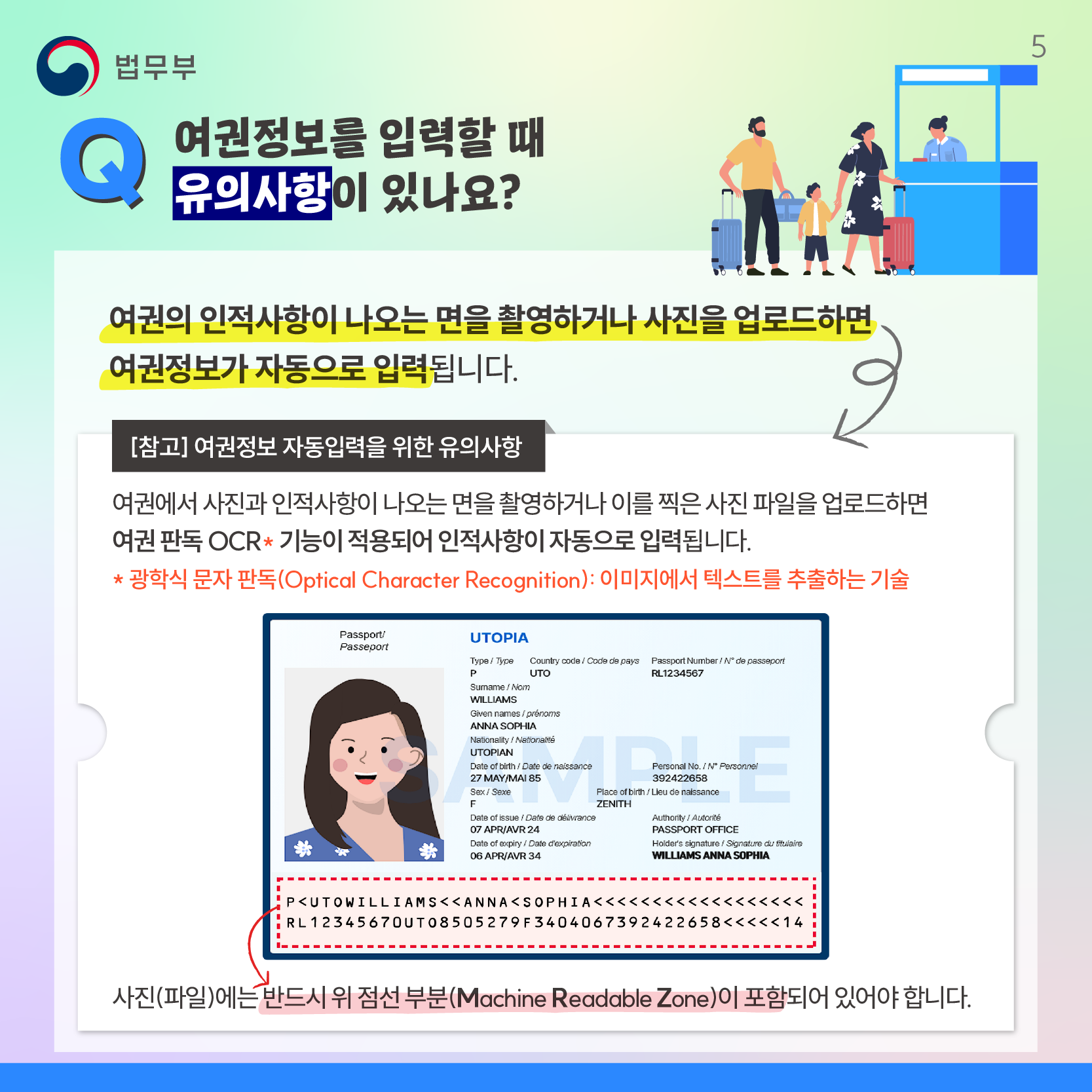 다섯번째 페이지입니다. Q. 여권정보를 입력할 때 유의사항이 있나요? 여권의 인적사항이 나오는 면을 촬영하거나 사진을 업로드하면 여권정보가 자동으로 입력됩니다. 참고, 여권정보 자동입력을 위한 유의사항. 여권에서 사진과 인적사항이 나오는 면을 촬영하거나 이를 찍은 사진 파일을 업로드하면 여권 판독 OCR 기능이 적용되어 인적사항이 자동으로 입력됩니다. 여기서 OCR이란? 광학식 문자 판독(Optical Character Recognition)으로, 이미지에서 텍스트를 추출하는 기술을 의미합니다. 사진(파일)에는 반드시 위 점선 부분(Machine Readable Zone)이 포함되어 있어야 합니다.