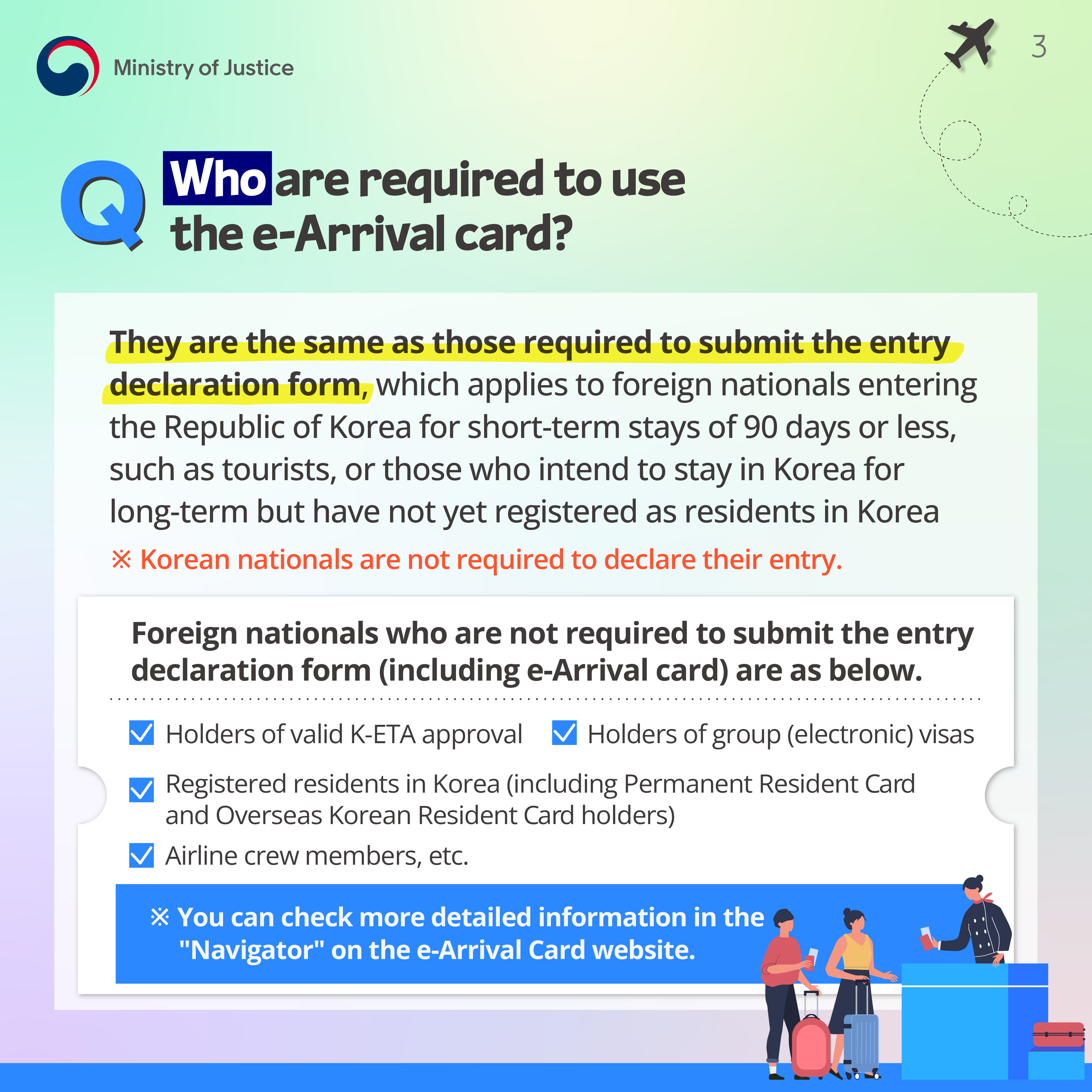 Page 3. Q. Who are required to use the e-Arrival card? They are the same as those required to submit the entry declaration form, which applies to foreign nationals entering the Republic of Korea for short-term stays of 90 days or less, such as tourists, or who intend to stay in Korea for long-term but have not yet registered as residents in Korea. ※Korean nationals are not required to declare their entry. Foreign nationals are not required to declare their entry. Foreign nationals who are not required to submit the entry declaration form(including e-Arrival card) are as below. Holder of valid K-ETA approval, Holder of group(electronic) visas, Registered residents in Korea(including Permanent Resident Card and Overseas Korean Resident Card holders), Airline crew members, etc. ※ You can check more detailed information in the 