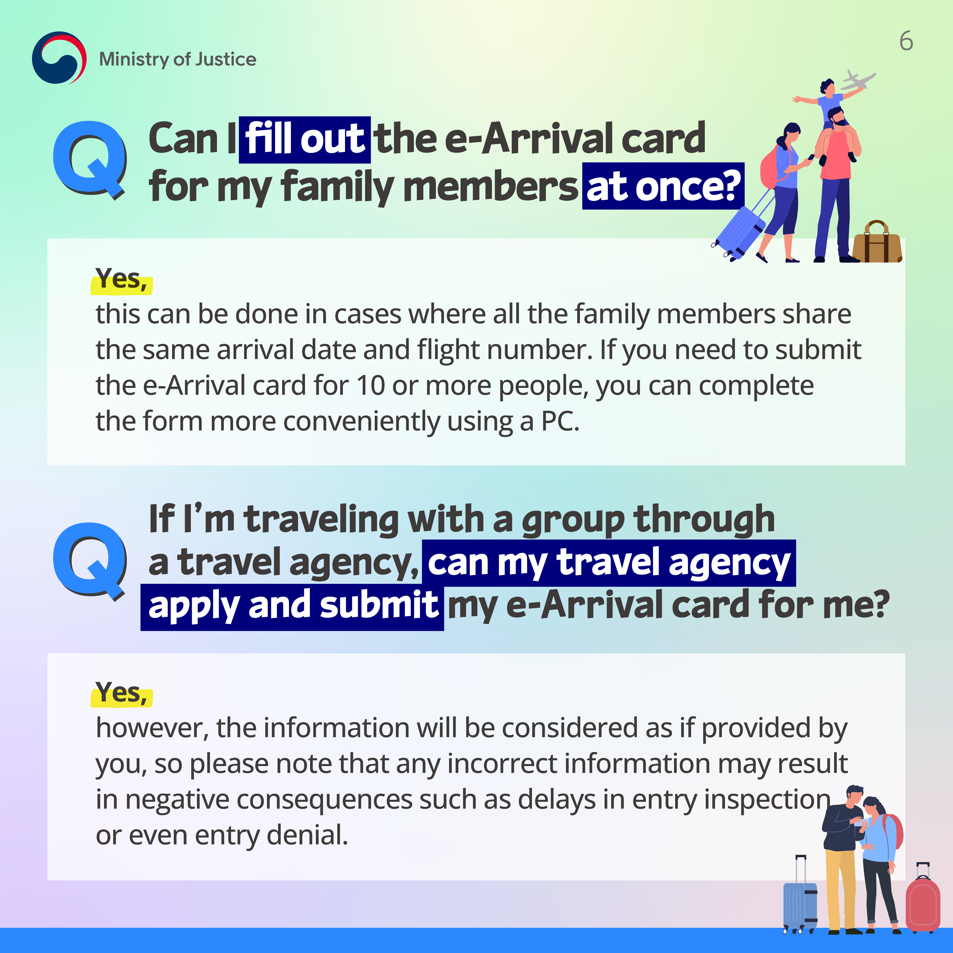 Page 6. Q. Can I fill out e-Arrival card for my family members at once? Yes, this can be done in cases where all the family members share the same arrival data and flight number. If you need to submit the e-Arrival card for 10 or more people, you can complete the form more conveniently using a PC. Q. If I'm traveling with a group through a travel agency, can my travel agency apply and submit my e-Arrival card for me? Yes, however, the information will be considered as if provided by you, so please note that any information may result in negative consequences such as delays in entry inspection or even entry denial. 