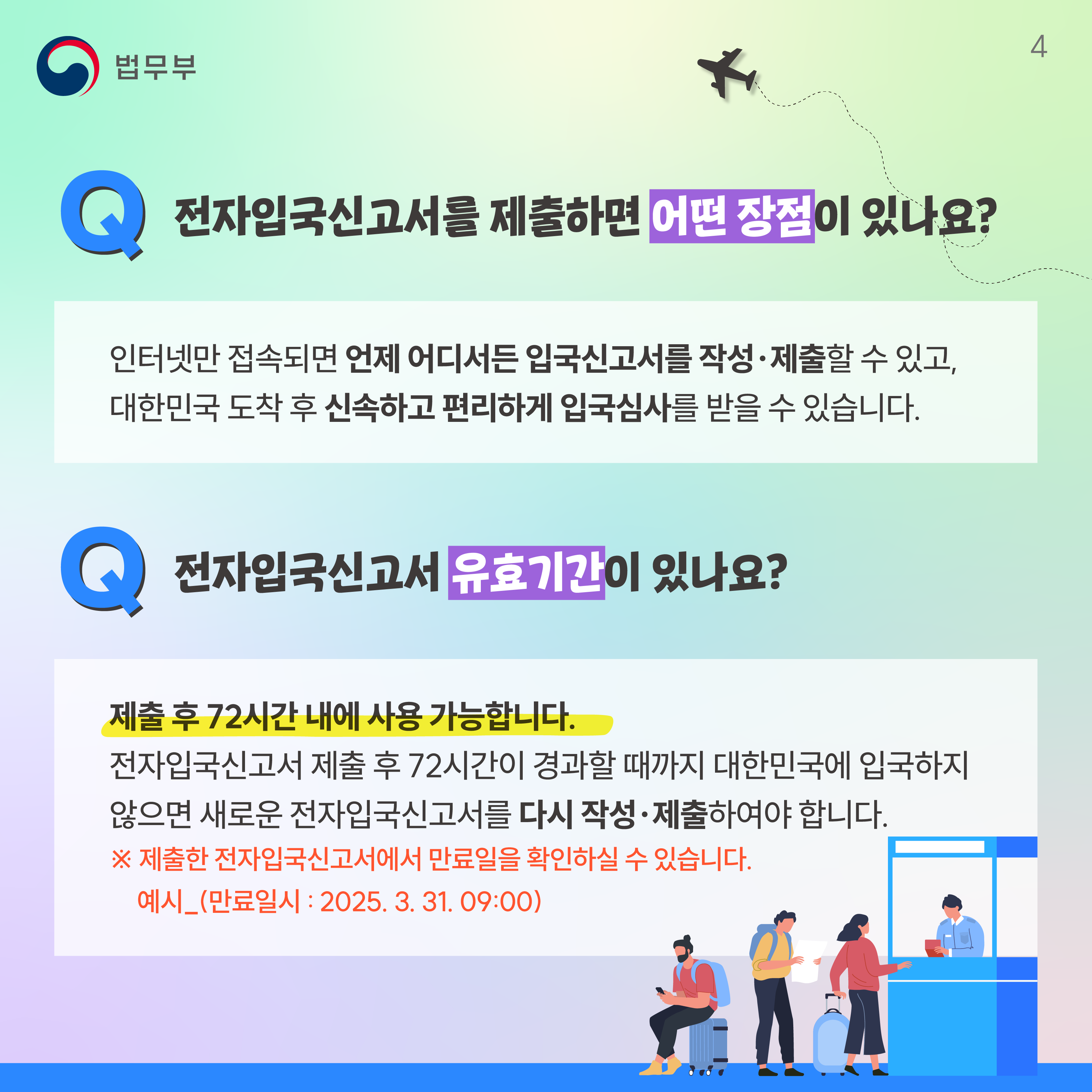 네번째 페이지입니다. Q. 전자입국신고서를 제출하면 어떤 장점이 있나요? 인터넷만 접속되면 언제 어디서든 입국신고서를 작성·제출할 수 있고, 대한민국 도착 후 신속하고 편리하게 입국심사를 받을 수 있습니다. Q. 전자입국신고서 유효기간이 있나요? 제출 후 72시간 내에 사용 가능합니다. 전자입국신고서 제출 후 72시간이 경과할 때까지 대한민국에 입국하지 않으면 새로운 전자입국신고서를 다시 작성·제출하여야 합니다. ※제출한 전자입국신고서에서 만료일을 확인하실 수 있습니다. 예시_(만료일시 : 2025. 3. 31. 09:00).