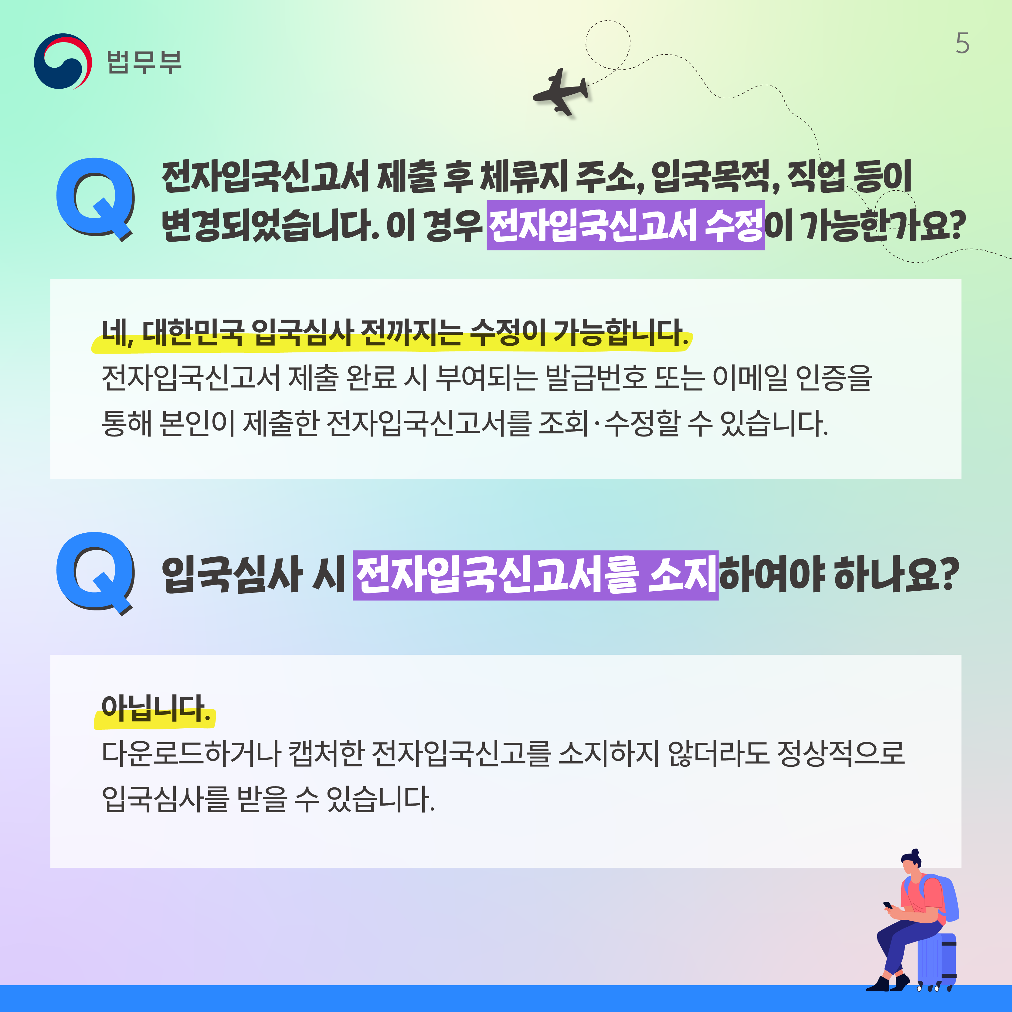다섯번째 페이지입니다. Q. 전자입국신고서 제출 후 체류지 주소, 입국목적, 직업 등이 변경되었습니다. 이 경우 전자입국신고서 수정이 가능한가요? 네, 대한민국 입국심사 전까지는 수정이 가능합니다. 전자입국신고서 제출 완료 시 부여되는 발급번호 또는 이메일 인증을 통해 본인이 제출한 전자입국신고서를 조회·수정할 수 있습니다. Q. 입국심사 시 전자입국신고서를 소지하여야 하나요? 아닙니다. 다운로드하거나 캡처한 전자입국신고를 소지하지 않더라도 정상적으로 입국심사를 받을 수 있습니다.