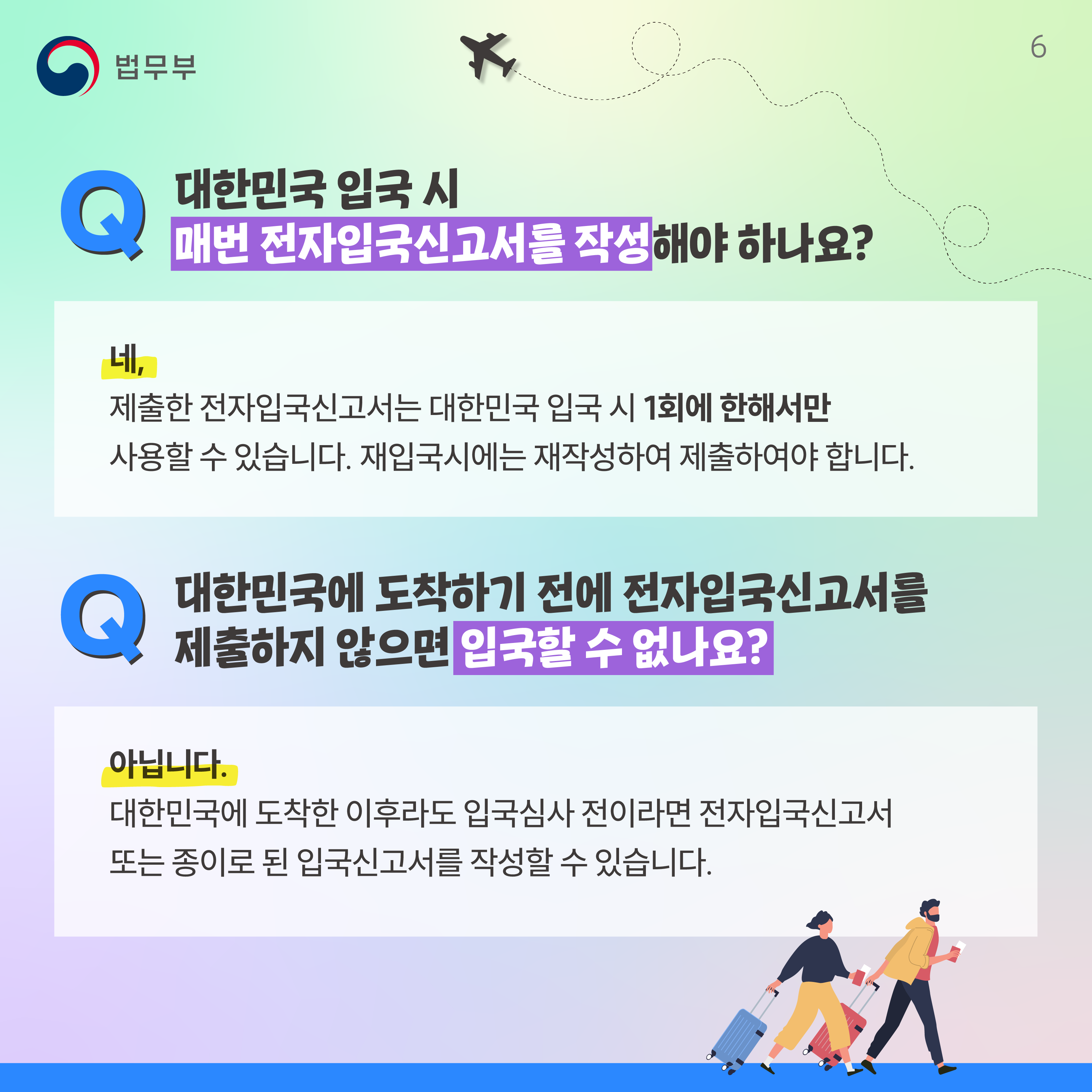 여섯번째 페이지입니다. Q. 대한민국 입국 시 매번 전자입국신고서를 작성해야 하나요? 네, 제출한 전자입국신고서는 대한민국 입국 시 1회에 한해서만 사용할 수 있습니다. 재입국시에는 재작성하여 제출하여야 합니다. Q. 대한민국에 도착하기 전에 전자입국신고서를 제출하지 않으면 입국할 수 없나요? 아닙니다. 대한민국에 도착한 이후라도 입국심사 전이라면 전자입국신고서 또는 종이로 된 입국신고서를 작성할 수 있습니다. 