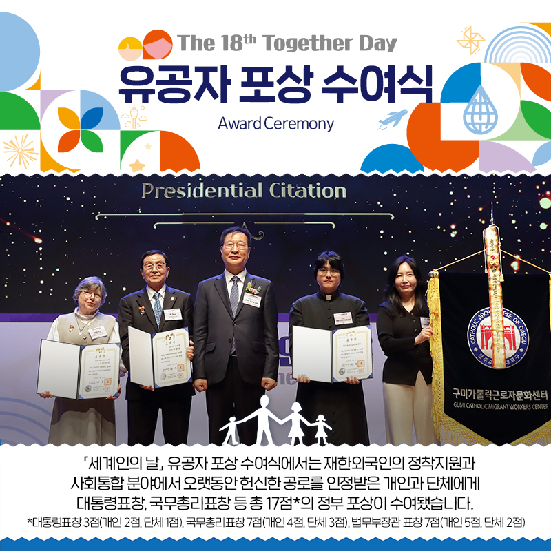일곱번째 페이지입니다. 유공자 포상 수여식. 세계인의 날 유공자 ㅏ포상 수여식에ㅐ서는 재한외국인의 정착지원과 사회통합 분야에서 오랫동안 헌신한 공로를 인정받은 개인과 단체에게 대통령표창, 국무총리표창 등 총 17점의 정부 포상이 수여됐습니다.