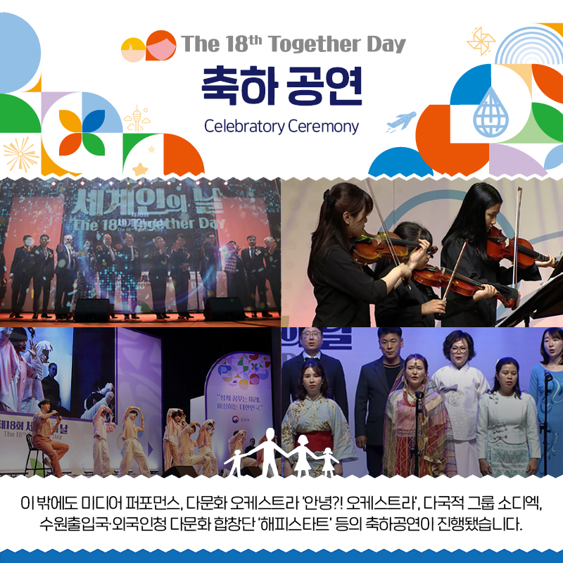 여덟번째 페이지입니다. 축하 공연. 이 밖에도 미디어 퍼포먼스, 다문화 오케스트라 '안녕?! 오케스트라', 다국적 그룹 소디엑, 수원출입국·외국인청 다문화 합창단 '해피스타트' 등의 축하공연이 진행됐습니다.