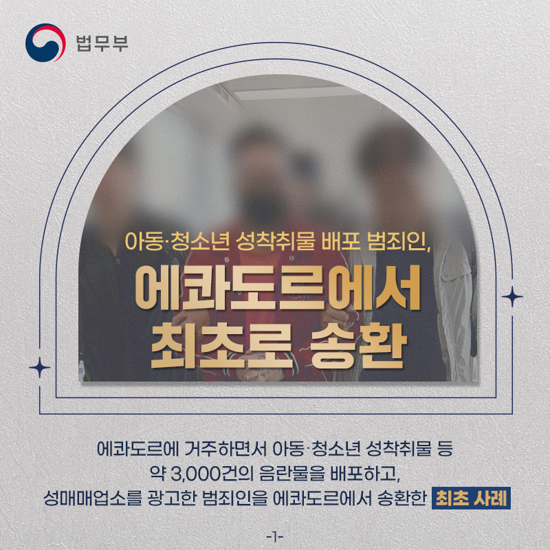 아동·청소년 성착취물 배포 범죄인, 에콰도르에서 최초로 송환 카드뉴스입니다. 총 네 페이지로 구성되어있으며, 그 중 첫번째 페이지입니다. 에콰도르에 거주하면서 아동, 청소년 성착취물 등 약 3000건의 음란물을 배포하고, 성매매업소를 광고한 범죄인을 에콰도르에서 송환한 최초 사례.