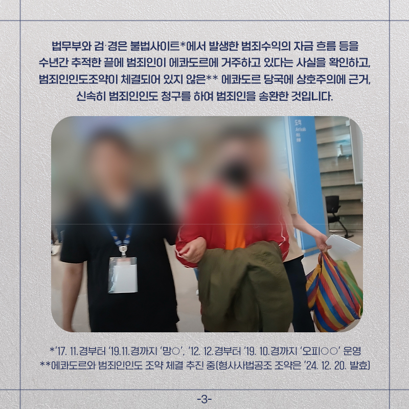 세번째 페이지입니다. 법무부와 검·경은 불법사이트*에서 발생한 범죄수익의 자금 흐름 등을 수년간 추적한 끝에 범죄인이 에콰도르에 거주하고 있다는 사실을 확인하고, 범죄인인도조약이 체결되어 있지 않은** 에콰도으 당국에 상호주의에 근거, 신속히 범죄인인도 청구를 하여 범죄인을 송환한 것입니다. *2017년 11월경부터 2019년 11월 경까지 '망x' 사이트 운영, 2012년 12월 경부터 2019년 10월 경까지 '오피xx' 운영. **에콰도르와 범죄인인도 조약 체결 추진 중(형사사법공조 조약은 2024년 12월 20일에 발효)