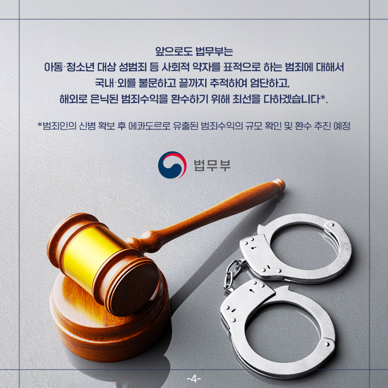 마지막 페이지입니다. 앞으로도 법무부는 아동·청소년 대상 성범죄 등 사회적 약자를 표적으로 하는 범죄에 대해서 국내·외를 불문하고 끝까지 추적하여 엄단하고, 해외로 은닉된 범죄수익을 환수하기 위해 최선을 다하겠습니다.* *범죄인의 신병 확보 후 에콰도르로 유출된 범죄수익의 규모 확인 및 환수 추진 예정.