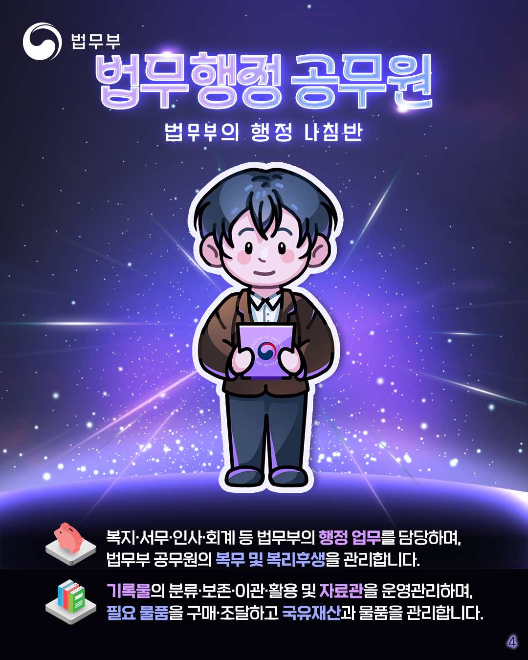 네번째 페이지입니다. 법무부의 행정 나침반, 법무행정 공무원. 복지, 서무, 인사, 회계 등 법무부의 행정 업무를 담당하며, 법무부 공무원의 복무 및 복리후생을 관리합니다. 기록물의 분류, 보존, 이관, 활용 및 자료관을 운영관리하며, 필요 물품을 구매 및 조당하고 국유재산과 물품을 관리합니다.