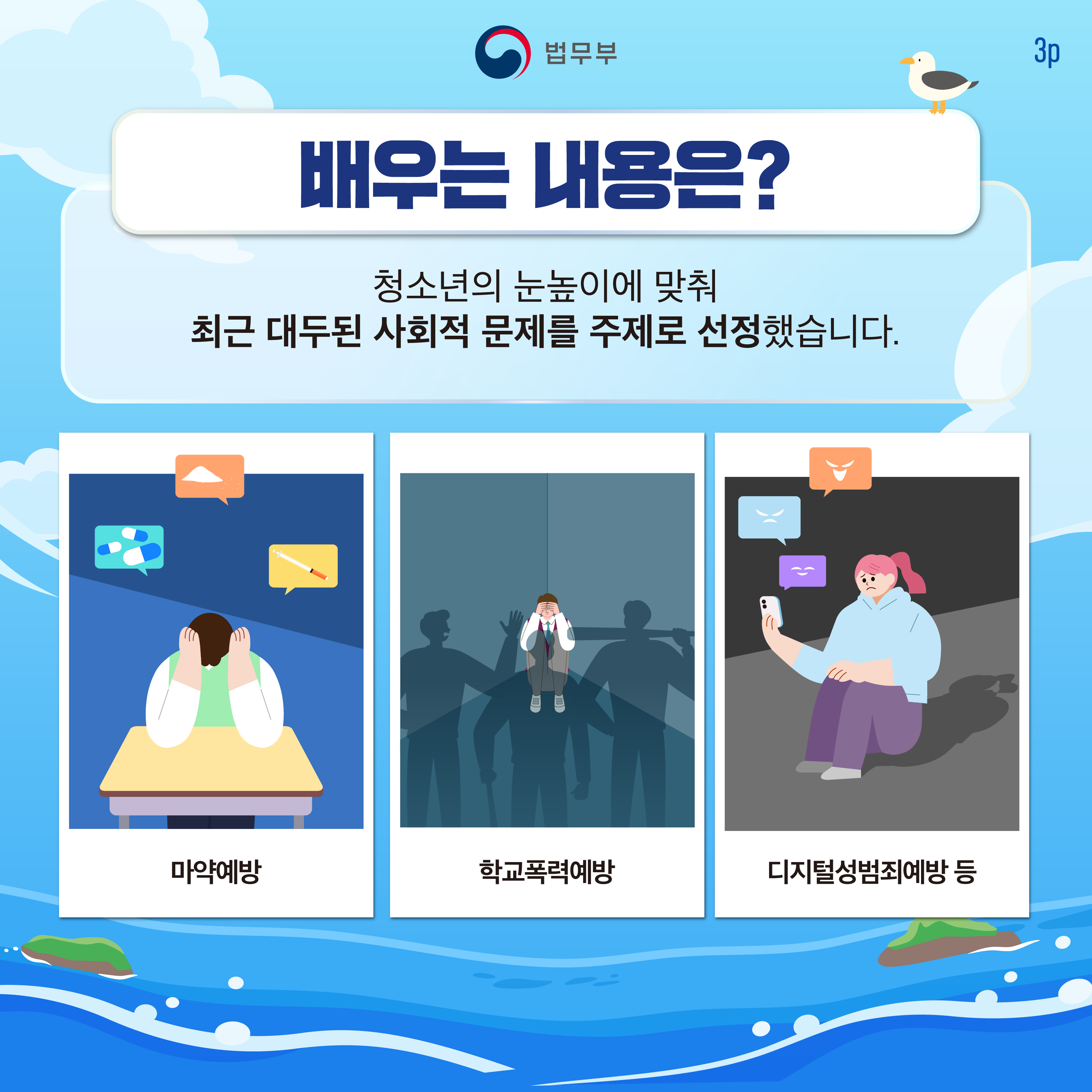 세번째 페이지입니다. [배우는 내용은?] 청소년의 눈높이에 맞춰 최근 대두된 사회적 문제를 주제로 선정했습니다. 마약예방, 학교폭력예방, 디지털성범죄예방 등.