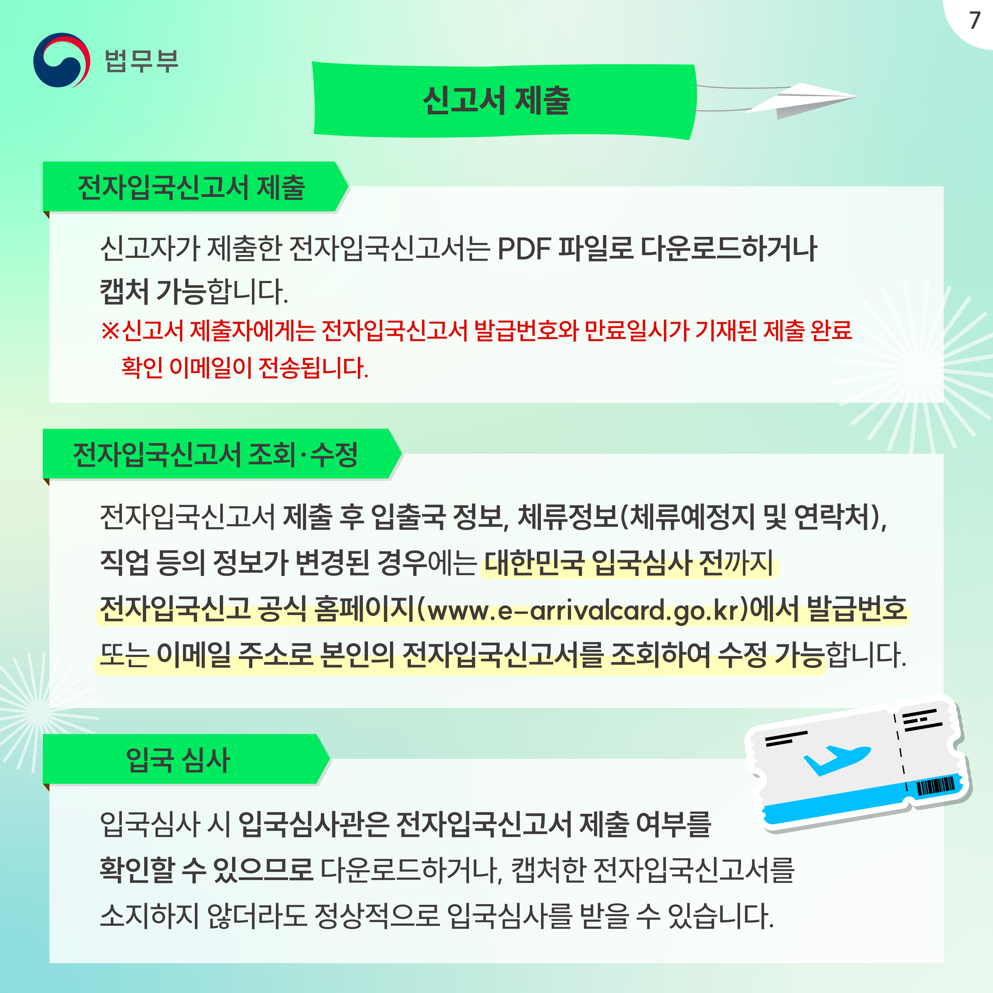 일곱번째 페이지입니다. 신고서 제출. 전자입국신고서 제출. 신고자가 제출한 전자입국신고서는 PDF파일로 다운로드하거나 캡처 가능합니다. ※신고서 제출자에게는 전자입국신고서 발급번호와 만료일시가 기재된 제출 완료 확인 이메일이 전송됩니다. 전자입국신고서 조회&middot;수정. 전자입국신고서 제출 후 입출국 정보, 체류정보(체류예정지 및 연락처), 직업 등의 정보가 변경된 경우에는 대한민국 입국심사 전까지 전자입국신고 공식 홈페이지((www.e-arrivalcard.go.kr)에서 발급번호 또는 이메일 주소로 본인의 전자입국신고서를 조회하여 수정 가능합니다. 입국 심사. 입국심사 시 입국심사관은 전자입국신고서 제출 여부를 확인할 수 있으므로 다운로드하거나, 캡처한 전자입국신고서를 소지하지 않더라도 정상적으로 입국심사를 받을 수 있습니다.