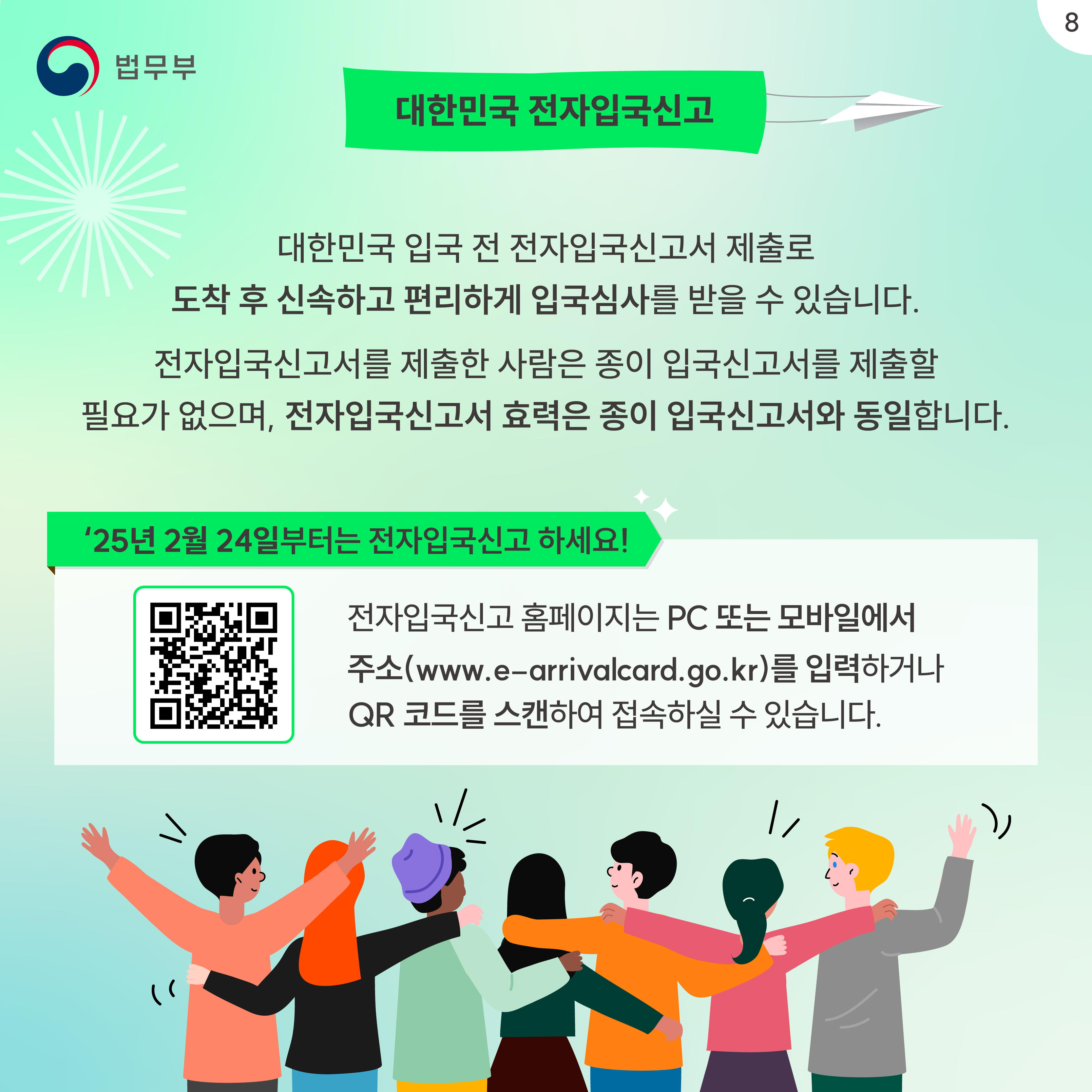 여덟번째 페이지입니다. 대한민국 전자입국신고. 대한민국 입국 전 전자입국신소서 제출로 도착 후 신속하고 편리하게 입국심사를 받을 수 있습니다. 전자입국신고서를 제출한 사람은 종이 입국신고서를 제출할 필요가 없으며, 전자입국신고서 효력은 종이 입국신고서와 동일합니다. 2025년 2월 24일부터는 전자입국신고 하세요! 전자입국신고 홈페이지는 PC 또는 모바일에서 주소(www.e-arrivalcard.go.kr)를 입력하거나 QR 코드를 스캔하여 접속하실 수 있습니다. 끝.