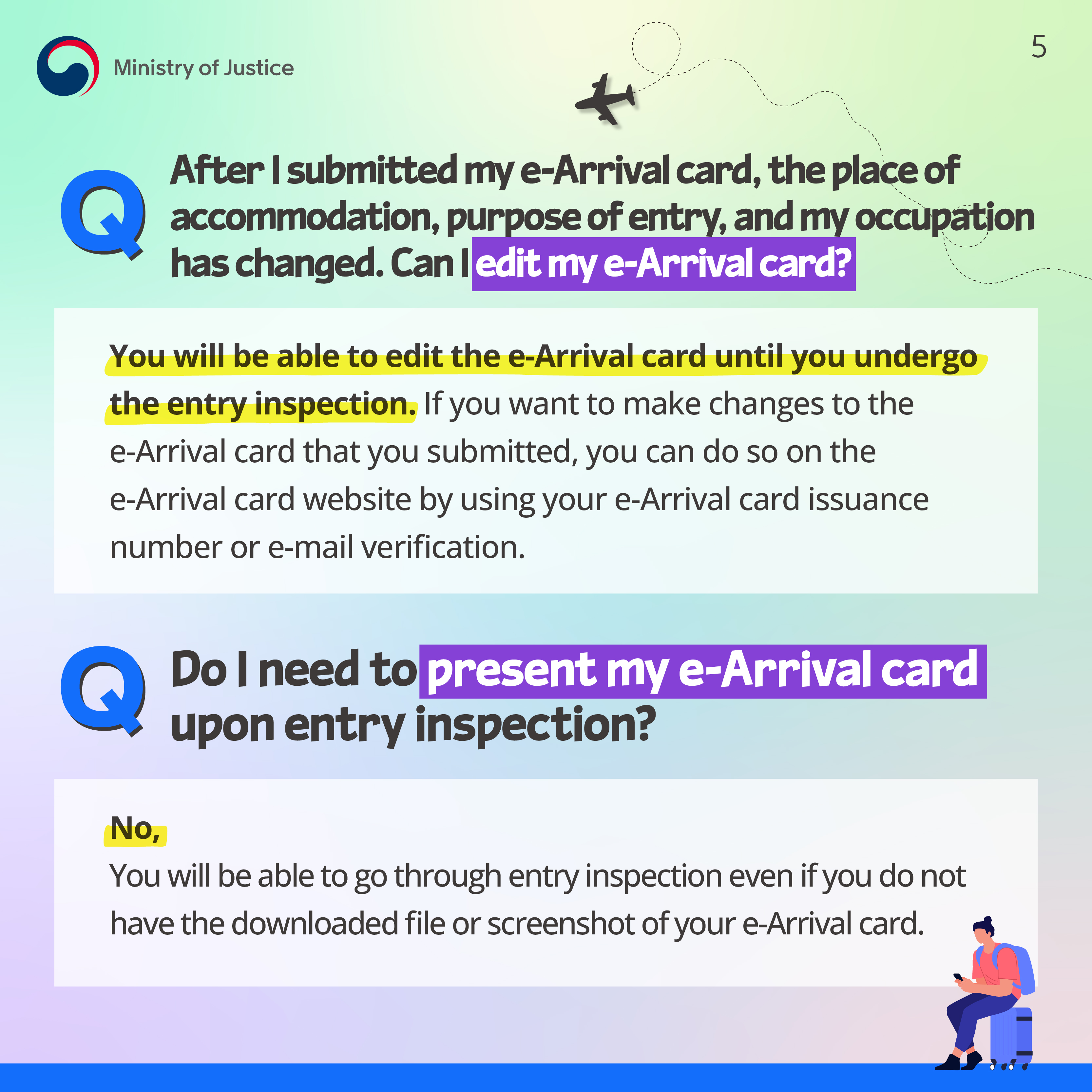 Page 5. Q. After I submitted my e-Arrival card, the place of accommodation, purpose of entry, and my occupation has changed. Can I edit my e-Arrival card? You will be able to edit the e-Arrival card until you undergo the entry inspection. If you want to make changes to the e-Arrival card that you submitted, you can do so on the e-Arrival card website by using your e-Arrival card issuance number or e-mail verification. Q. Do I need to present my e-Arrival card upon entry inspection? No, You will be able to go through entry inspection even if you do not have the downloaded file or screenshot of your e-Arrival card.