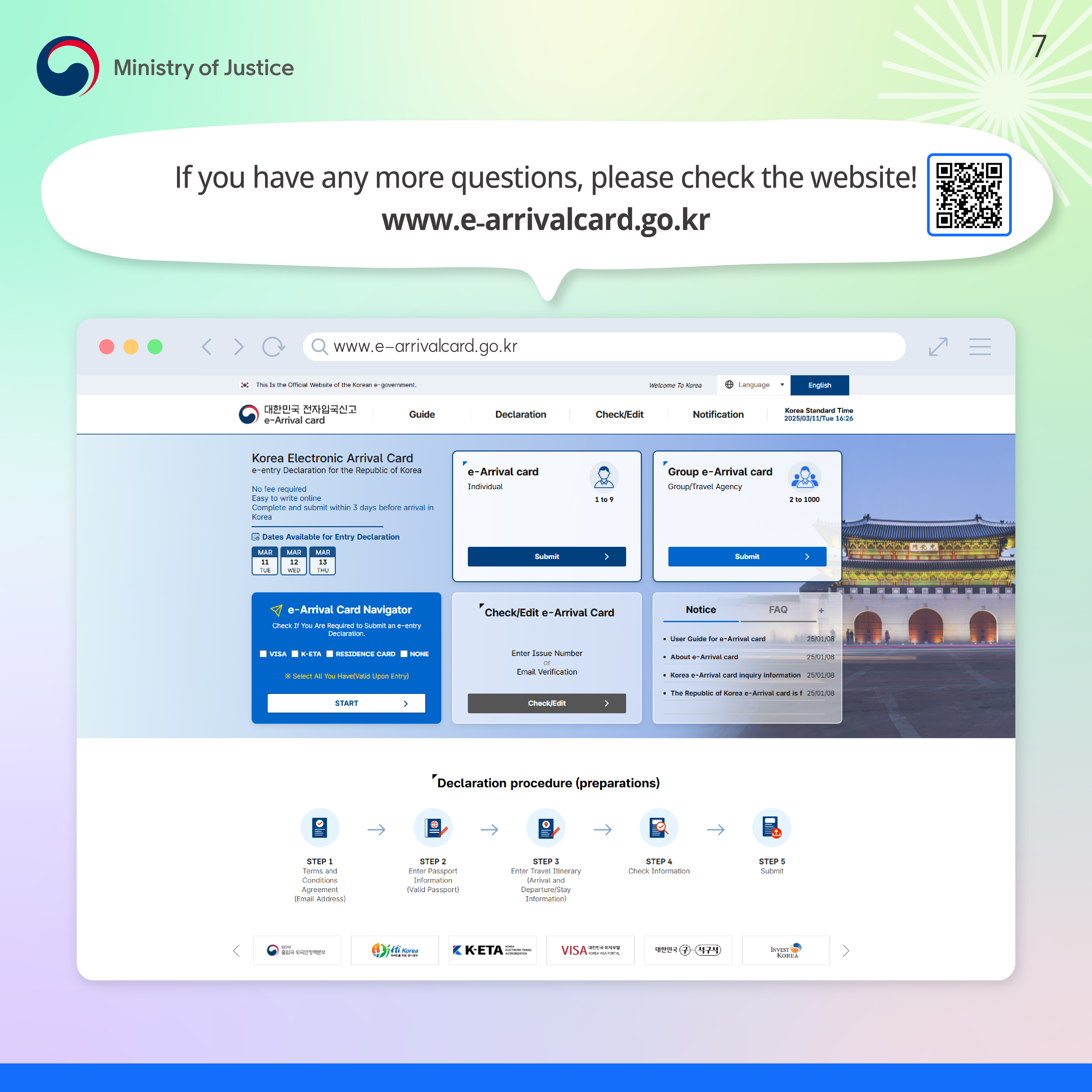 Page 7. If you have any more questions, please check the website! www.e-arrivalcard.go.kr.