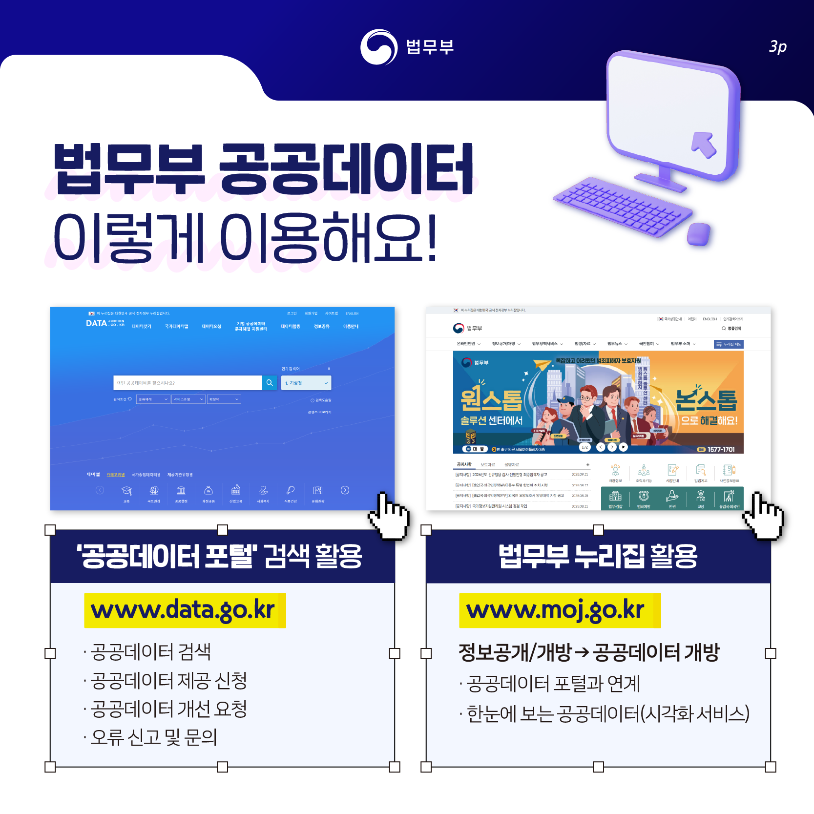 세번째 페이지입니다. 법무부. 법무부 공공데이터 이렇게 이용해요! '공공데이터 포털' 검색 활용(www.data.go.kr) -공공데이터 검색 -공공데이터 제공 신청 -공공데이터 개선 요청 -오류 신고 및 문의. 법무부 누리집 활용(www.moj.go.kr) 정보공개/개방→공공데이터 개방 -공공데이터 포털과 연계 -한눈에 보는 공공데이터(시각화 서비스).