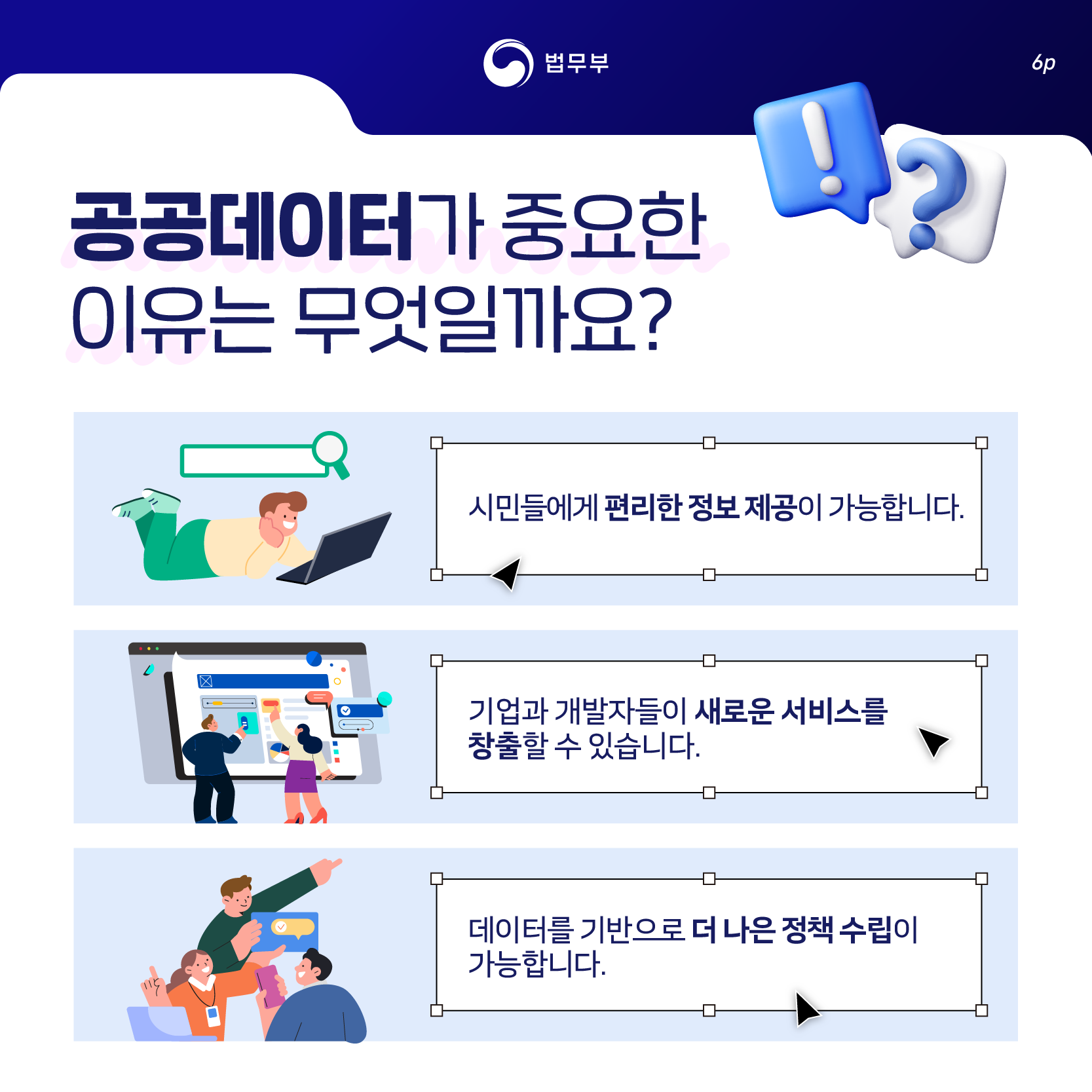 여섯번째 페이지입니다. 법무부. 공공데이터가 중요한 이유는 무엇일까요? 시민들에게 편리한 정보 제공이 가능합니다. 기업과 개발자들이 새로운 서비스를 창출할 수 있습니다. 데이터를 기반으로 더 나은 정책 수립이 가능합니다.