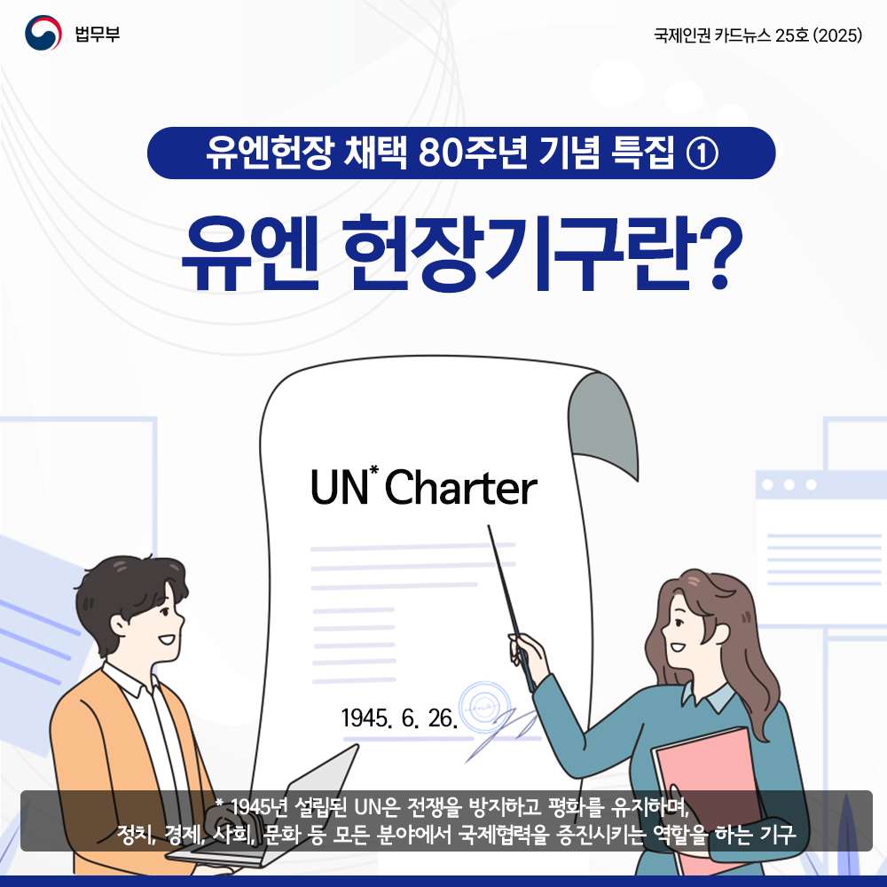 첫번째 페이지입니다. 총 8장으로 구성되어 있습니다. 법무부. 국제인권 카드뉴스 25호(2025). 유엔헌장 80주년 특집 (1탄): 유엔 헌장기구란? *1945년 설립된 UN은 전쟁을 방지하고 평화를 유지하며, 정치, 경제, 사회, 문화 등 모든 분야에서 국제협력을 증진시키는 역할을 하는 기구.