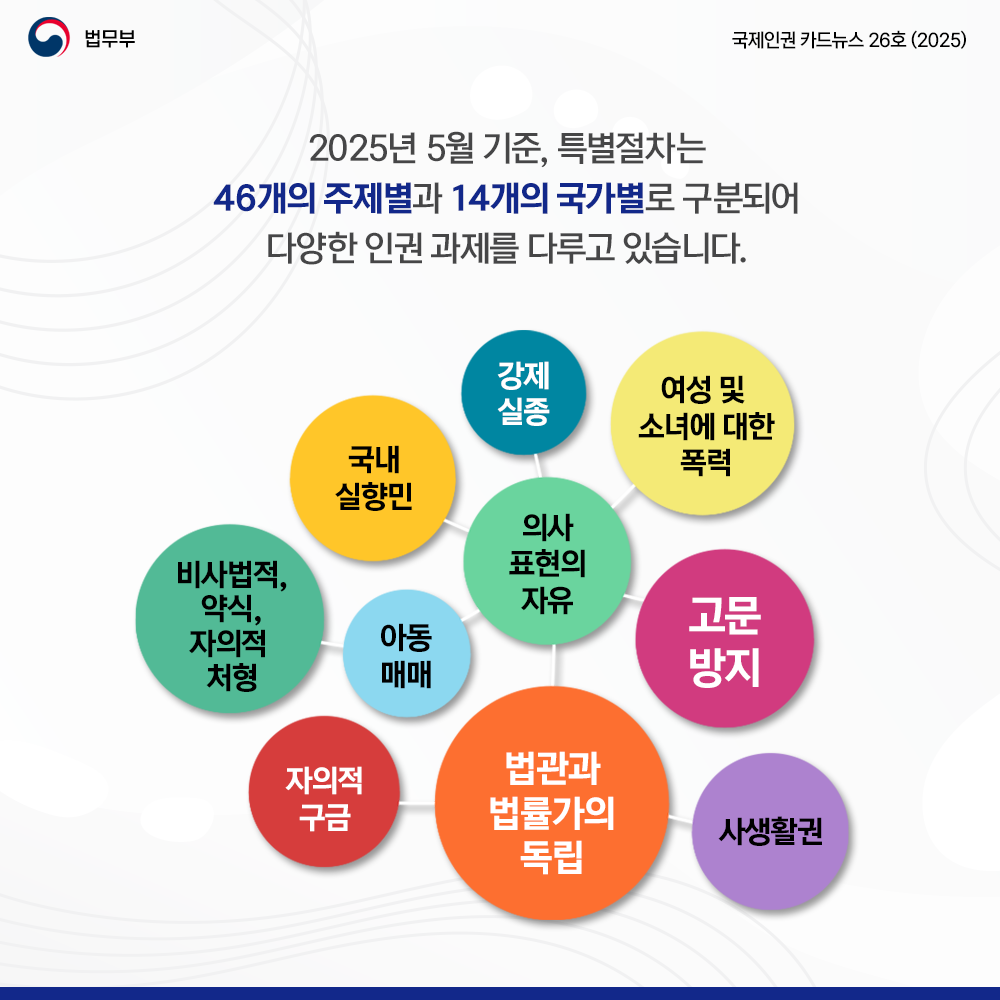 네번째 페이지입니다. 법무부. 국제인권 카드뉴스 26호(2025). 2025년 5월 기준, 특별절차는 46개의 주제별 14개의 국가별로 구분되어 다양한 인권 과제를 다루고 있습니다. 의사표현의 자유-강제실종-여성 및 소녀에 대한 폭력-고문방지-국내 실향민-아동매매-비사법적, 약식, 자의적 처형-법관과 법률가의 독립-자의적 구금-사생활권