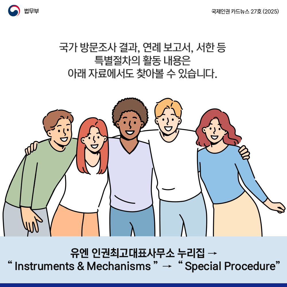 일곱번째 페이지입니다. 법무부. 국제인권 카드뉴스 27호(2025). 국가 방문조사 결과, 연례 보고서, 서한 등 특별절차의 활동 내용은 아래 자료에서도 찾아볼 수 있습니다. 유엔 인권최고대표사무소 누리집→ "Instruments & Mechanisms" → "Special Procedure" 