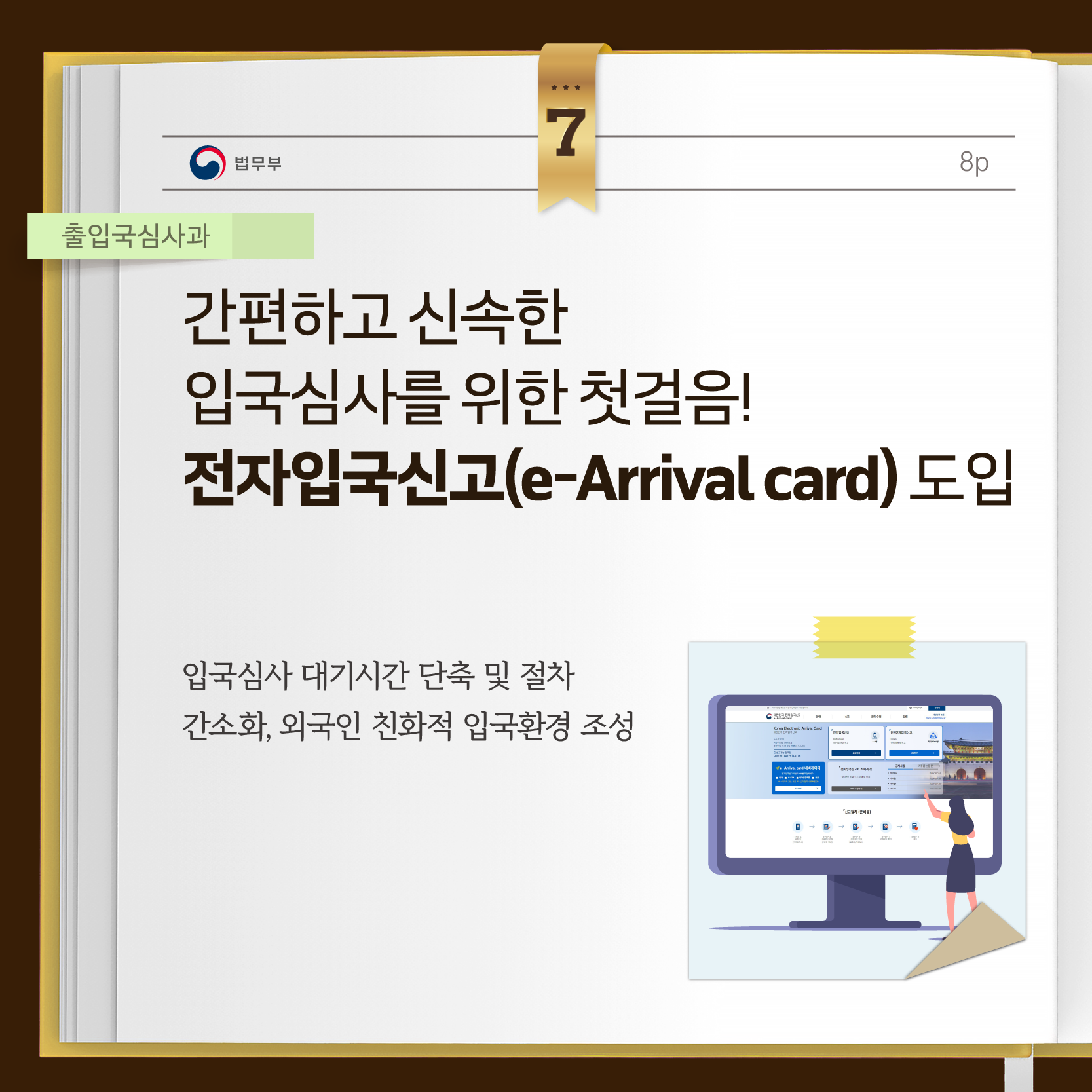 간편하고 신속한 입국심사를 위한 첫걸음!  전자입국신고(e-Arrival card) 도입  입국심사 대기시간 단축 및 절차 간소화, 외국인 친화적 입국환경 조성