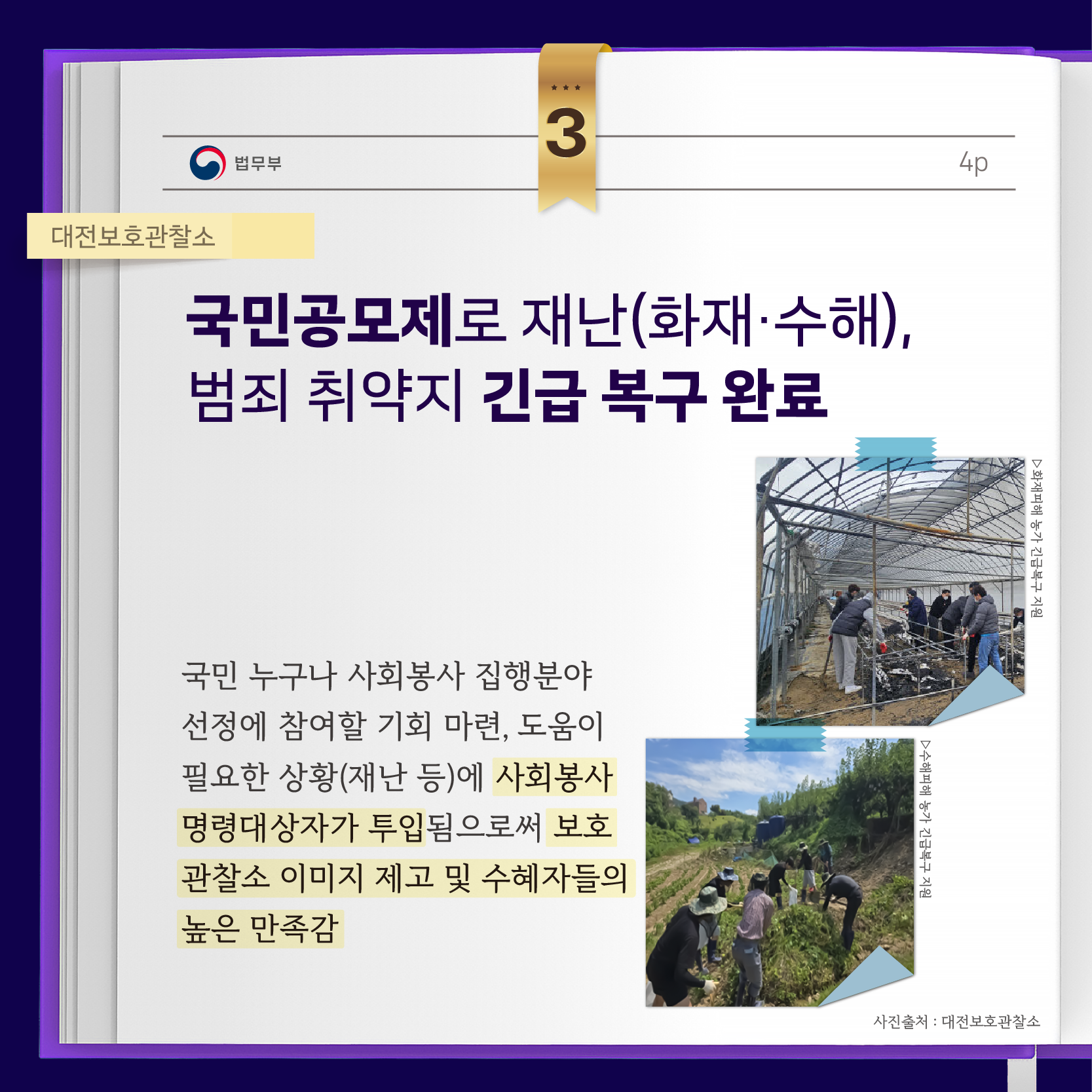 국민공모제로 재난(화재·수해), 범죄 취약지 긴급 복구 완료  국민 누구나 사회봉사 집행분야 선정에 참여할 기회 마련, 도움이 필요한 상황(재난 등)에 사회봉사 명령대상자가 투입됨으로써 보호관찰소 이미지 제고 및 수혜자들의 높은 만족감