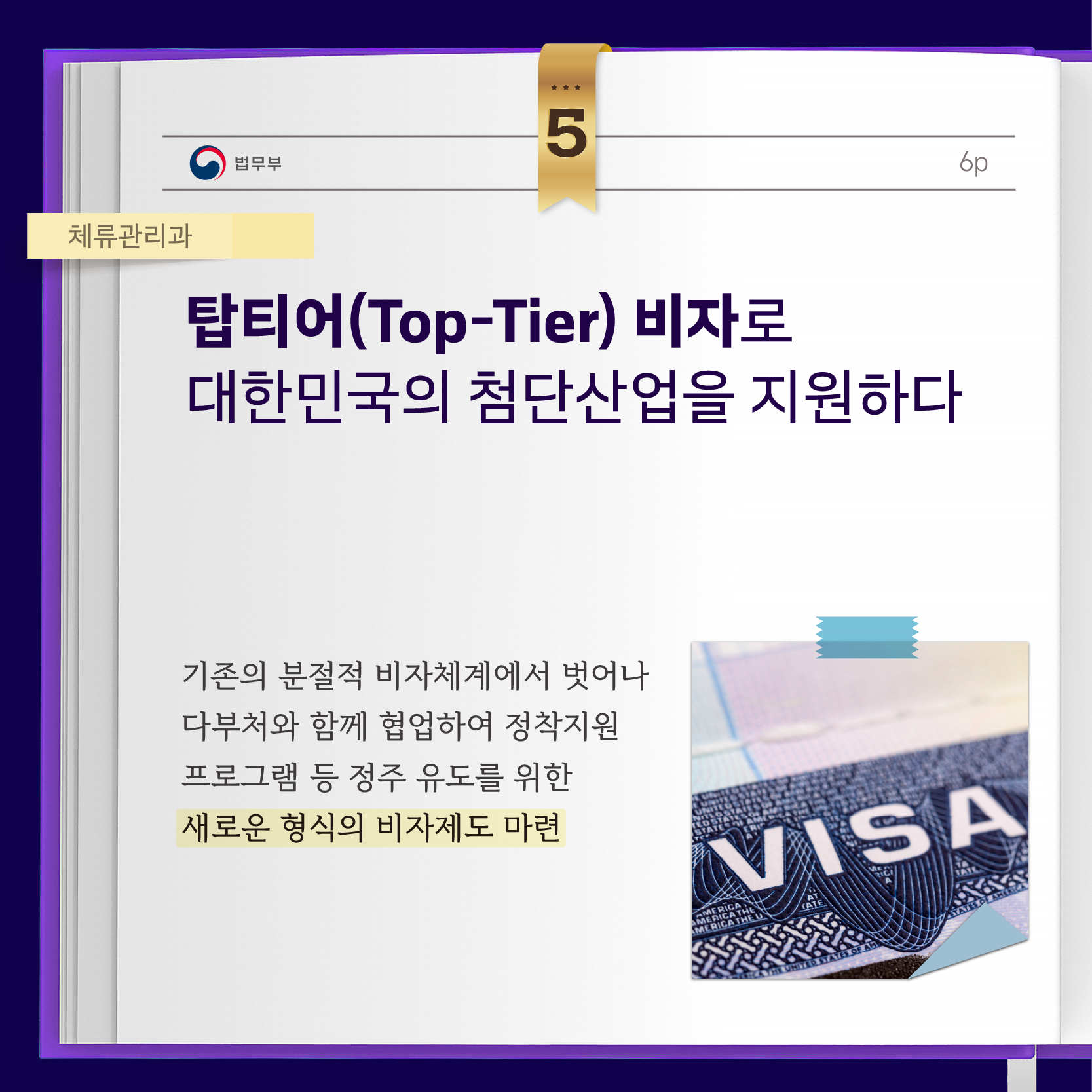 탑티어(Top-Tier) 비자로 대한민국의 첨단산업을 지원하다  기존의 분절적 비자체계에서 벗어나 다부처와 함께 협업하여 정착지원 프로그램 등 정주 유도를 위한 새로운 형식의 비자제도 마련