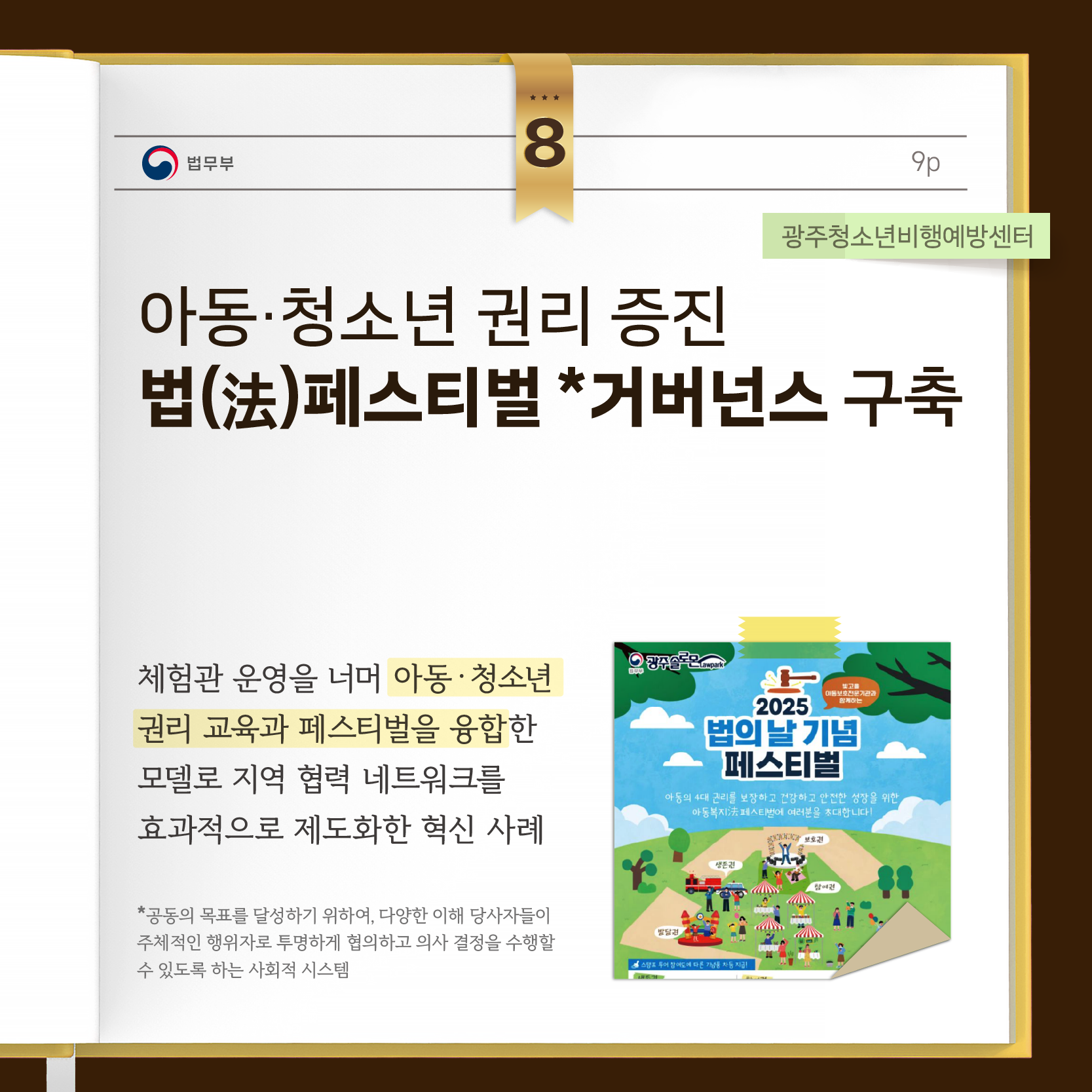 아홉번째 페이지입니다. ⑧ 광주청소년비행예방센터 [아동·청소년 권리 증진 법(法)페스티벌 *거버넌스 구축] 체험관 운영을 너머 아동·청소년 권리 교육과 페스티벌을 융합한 모델로 지역 협력 네트워크를 효과적으로 제도화한 혁신 사례 *공동의 목표를 달성하기 위하여, 다양한 이해 당사자들이 주체적인 행위자로 투명하게 협의하고 의사 결정을 수행할 수 있도록 하는 사회적 시스템.