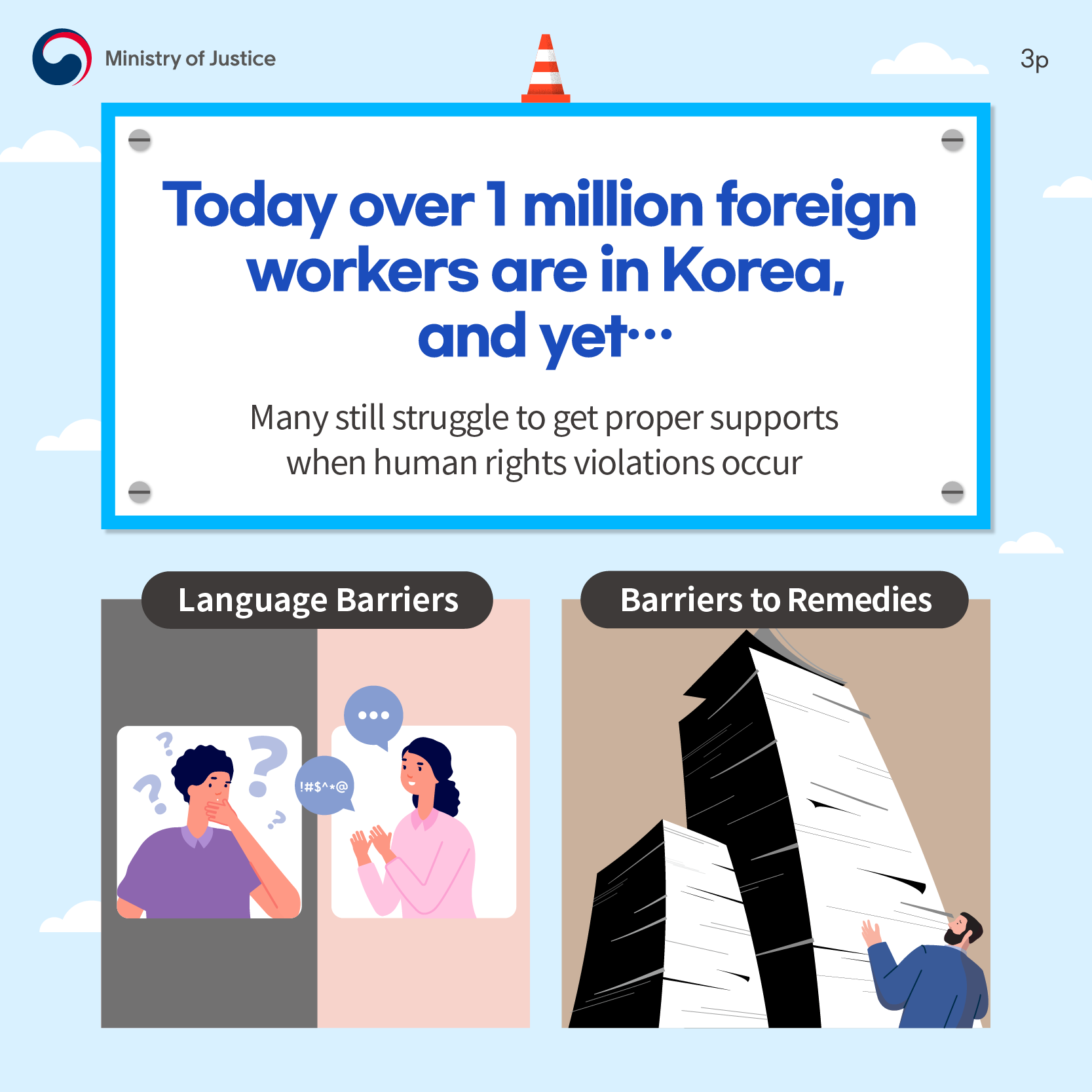 <Today over 1 million foreign workers are in Korea, and yet…> Many still struggle to get proper supports when human rights violations occur. (Language Barriers) (Barriers to Remedies)