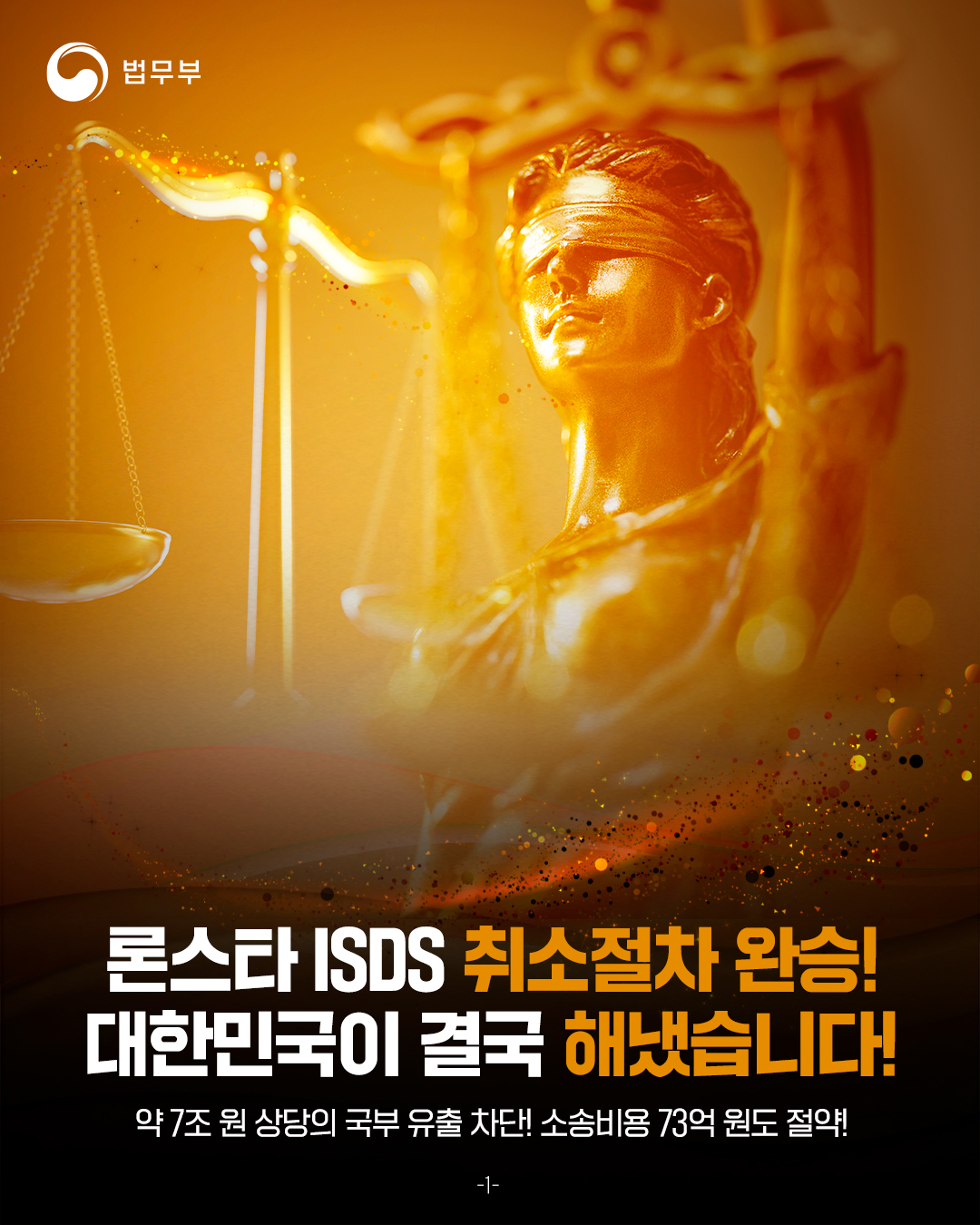 론스타 ISDS 취소절차 완승! 대한민국이 결국 해냈습니다! 약 7조 원 상당의 국부 유출 차단! 소송비용 73억 원도 절약! 카드뉴스입니다. 총 10개 페이지로 구성되어있으며, 그 중 첫번째 페이지입니다.