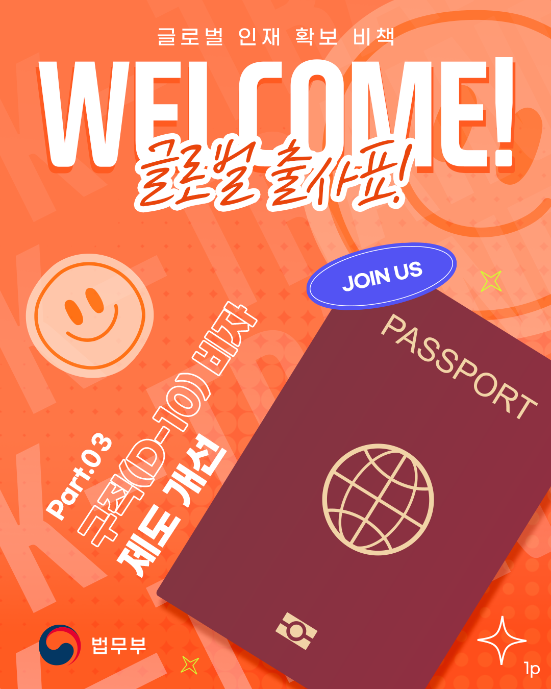 첫번째 페이지입니다. 글로벌 인재 확보 비책. 웰컴! 글로벌 출사표! 파트3. 구직(D-10) 비자 제도 개선.