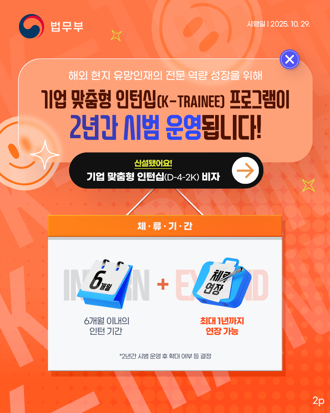 세번째 페이지입니다. 해외 현지 유망인재의 전문 역량 성장을 위해 기업 맞춤형 인턴십(k-trainee) 프로그램이 2년간 시범 운영됩니다! 신설됐어요! 기업 맞춤형 인턴십(d-4-2k) 비자. 체류기간은 6개월 이내의 인턴 기간 + 추가적으로 최대 1년까지 연장 가능. 참고, 2년간 시범 운영 후 확대 여부 등 결정.